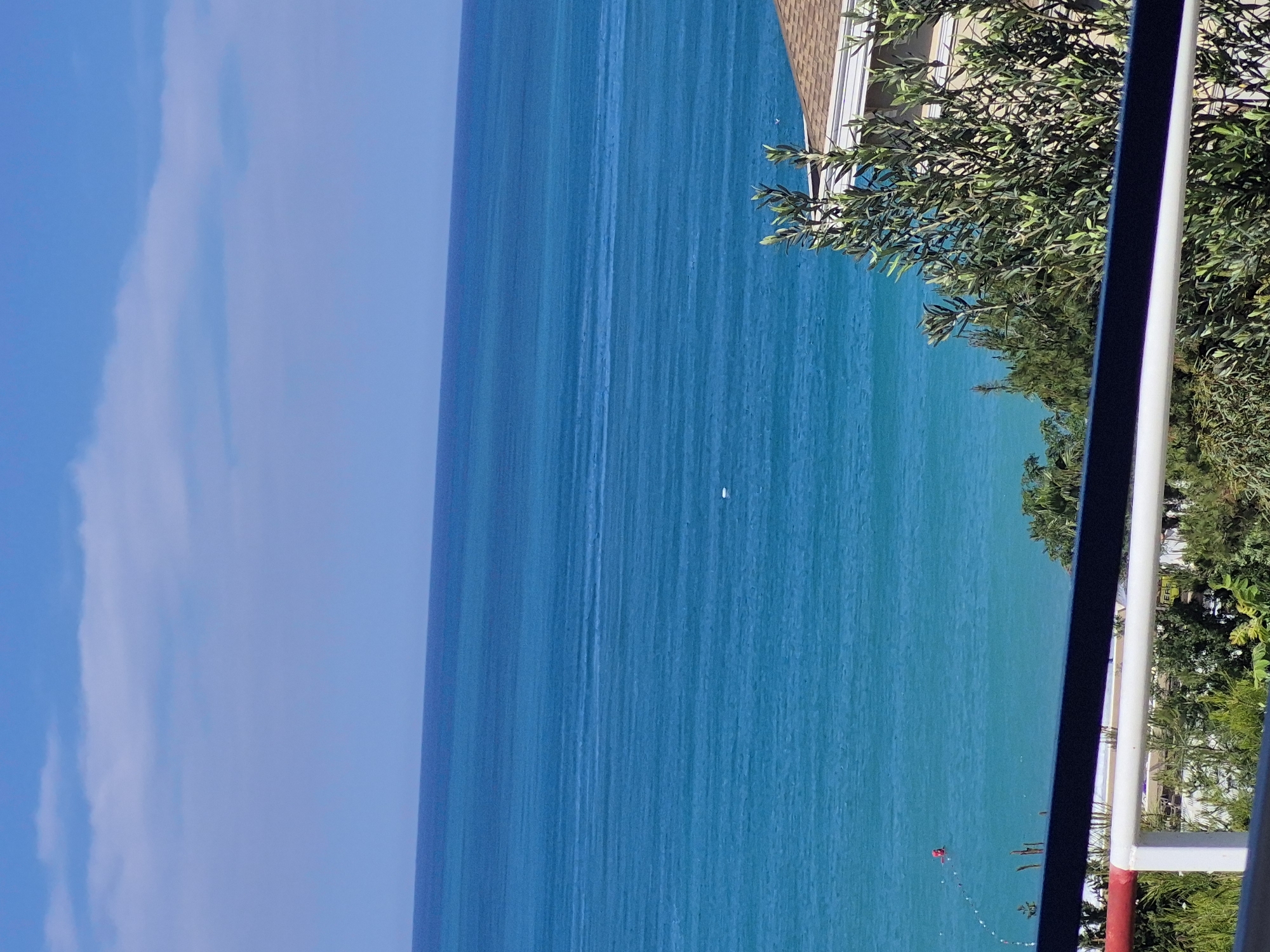 The image shows a view of the Mediterranean Sea from Alanya, Turkey. The sea is a vibrant turquoise blue, stretching out to the horizon where it meets a lighter blue sky with sparse white clouds. A white and black railing with greenery is visible on the right side of the frame, partially obscuring a view of a building. A small red object is visible on the ocean surface near the railing. The scene suggests a sunny day with calm waters.