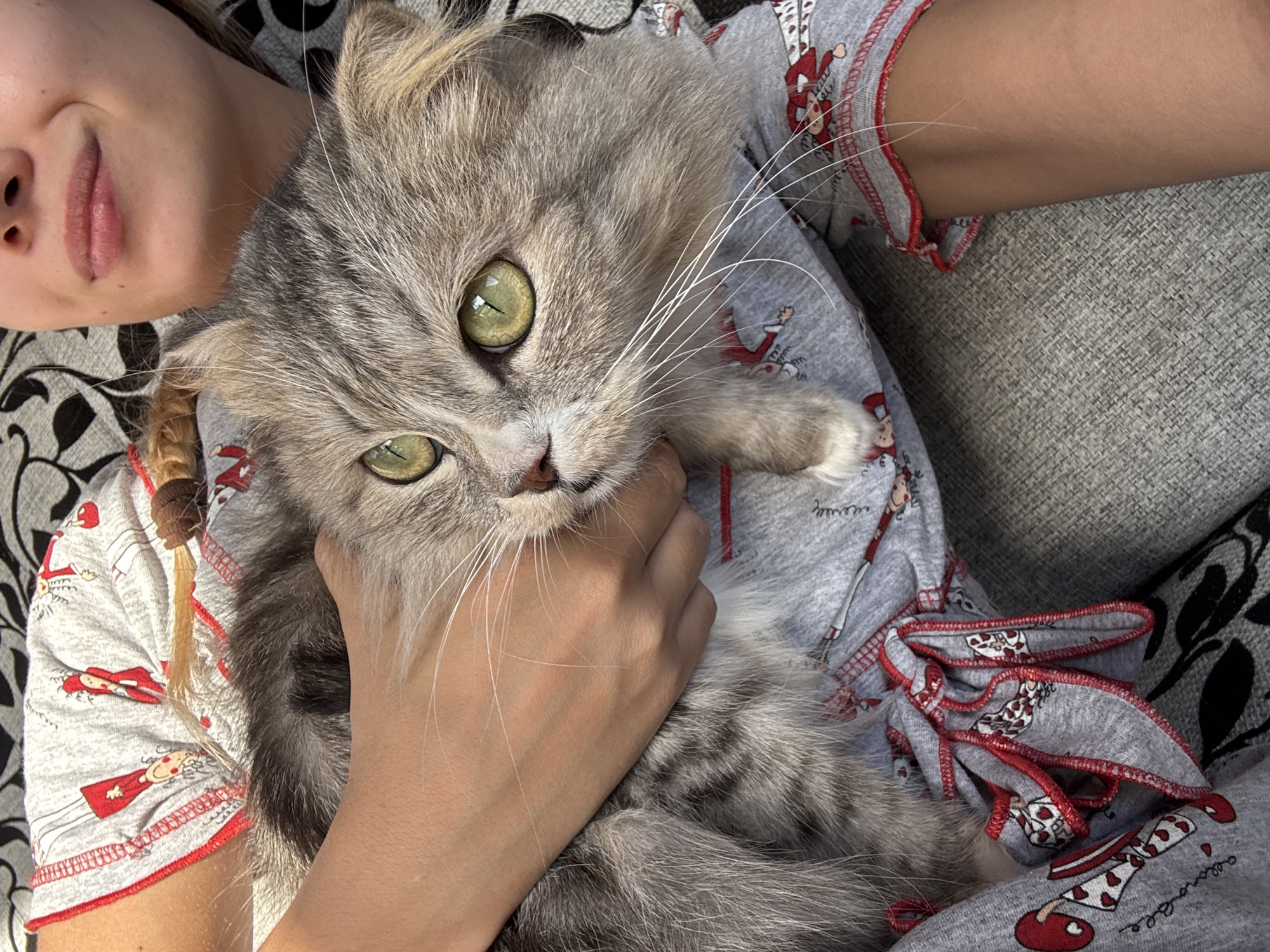 A woman is lying on her back, holding a gray cat with long fur and green eyes in her arms. She is wearing gray pajamas with a red trim and a pattern of figures. The woman's face is visible at the top left corner of the frame, revealing her lips and part of her nose. A braided strand of hair is visible near her left shoulder. The background includes a gray upholstered surface with a patterned throw pillow. There is no specific information indicating the location in Chaikovsky, Russia.