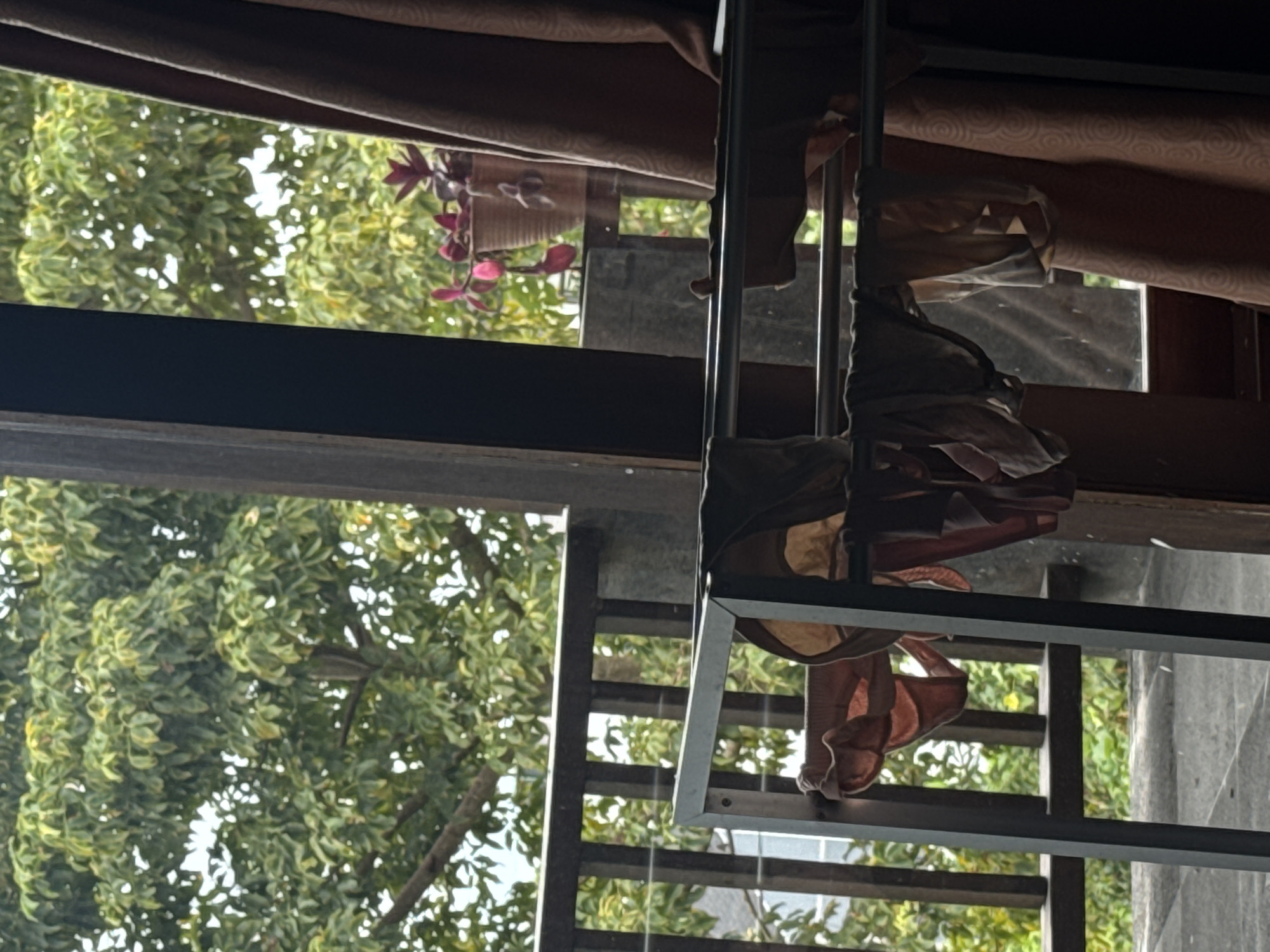 The image shows a partially obstructed view from inside a building, possibly a home or a business, in Kuta Selatan, Indonesia. The view is framed by a window or opening with brown curtains at the top. Outside the window, lush green trees and foliage are visible. A potted plant with red-purple flowers sits on an exterior ledge. In the foreground, a metal shelf or rack with clothes hanging from it is prominently featured, partially obscuring the view. The clothing appears to be casual and of light colors. The overall lighting suggests daylight. The scene feels domestic and serene, dominated by natural elements interspersed with indoor elements.