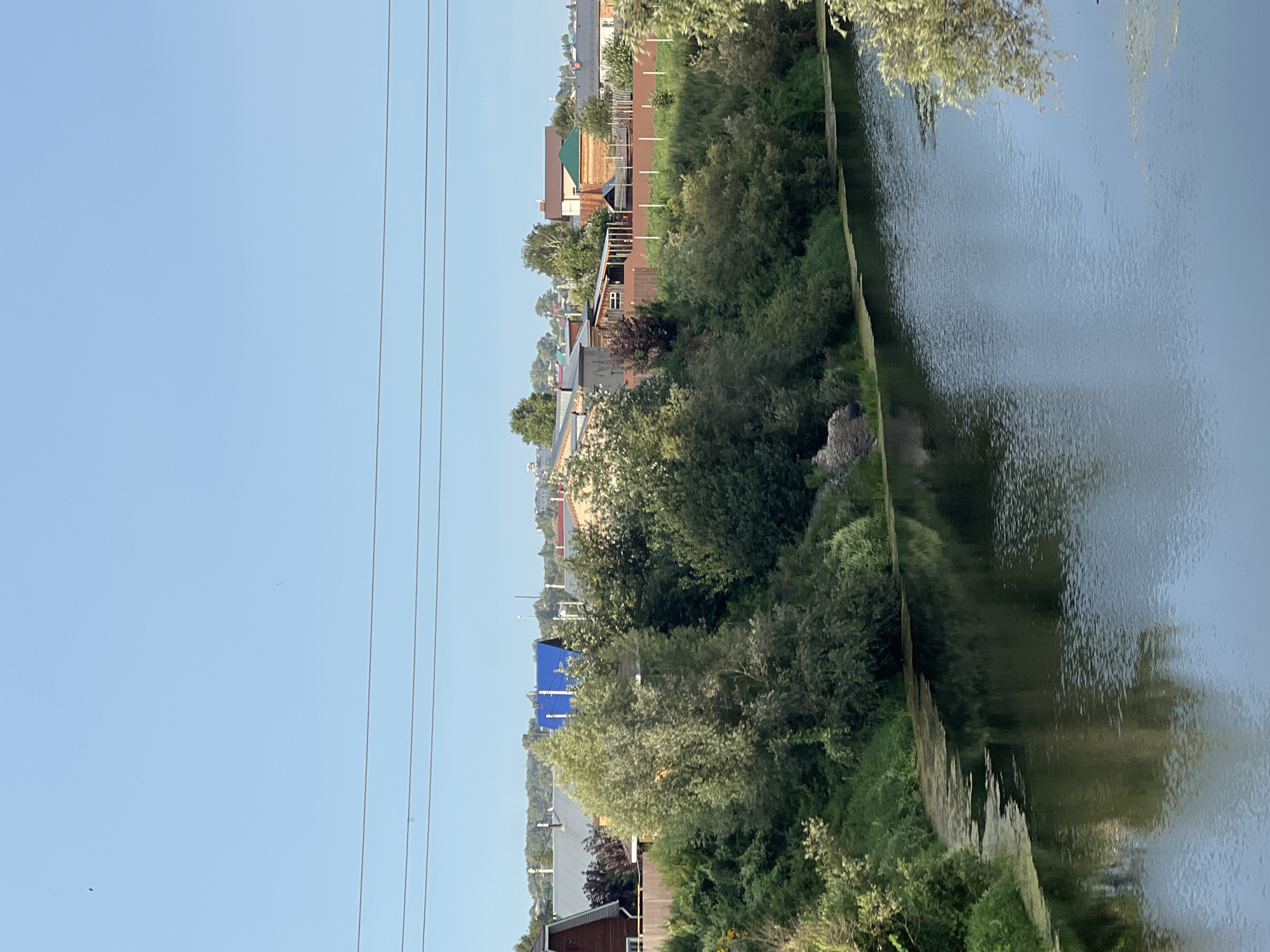 The image depicts a wide river flowing through a rural landscape. The water is dark and reflects the surrounding greenery and the sky. The riverbanks are densely overgrown with trees and bushes, with a clear demarcation between the water and the vegetation. In the background, a residential area with houses and fences is visible, suggesting a settlement. The sky is clear and blue. The overall scene conveys a sense of natural tranquility with human habitation present. The location is specified as the city of Bolshoy Oyosh, Russia.