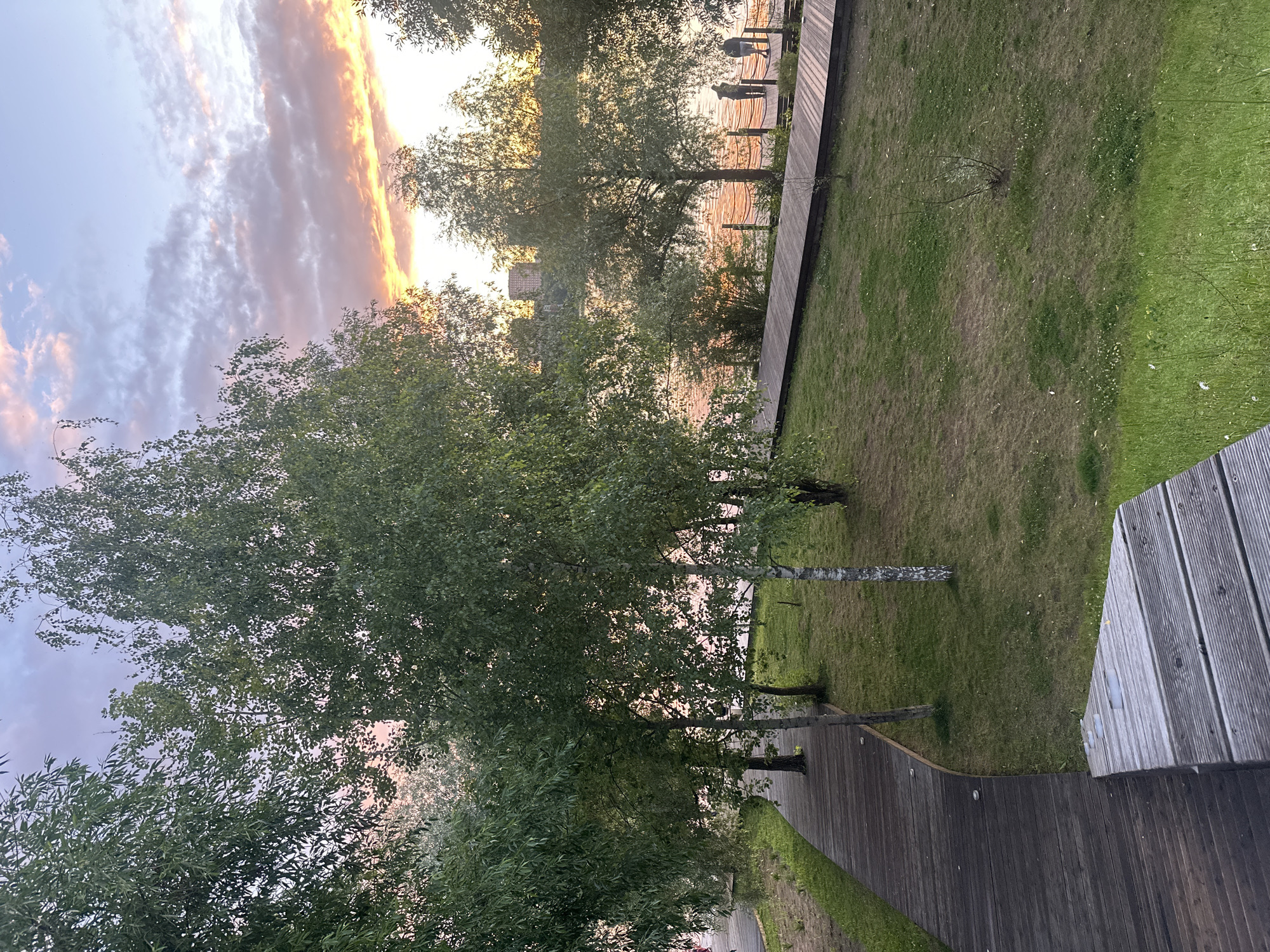 The image captures a serene sunset scene in Myakinino, Russia. The sky is painted with soft hues of pink and orange from the setting sun, illuminating streaks of clouds against a pale blue backdrop. Lush green trees with dense foliage dominate the foreground and midground, their leaves rustling gently.
A wooden boardwalk winds through the scene, its weathered planks creating a natural path alongside a grassy area. In the distance, a body of water shimmers with the reflections of the sunset. On the boardwalk, two silhouetted figures stand near the water's edge, appearing contemplative as they observe the twilight. One figure is seated, while the other stands. A few other trees are scattered across the lawn.
The overall atmosphere is peaceful and tranquil, evoking a sense of calm as day transitions into night. The lighting suggests it is late evening, with the golden hour casting a warm glow over the landscape. No visible text is present in the image.