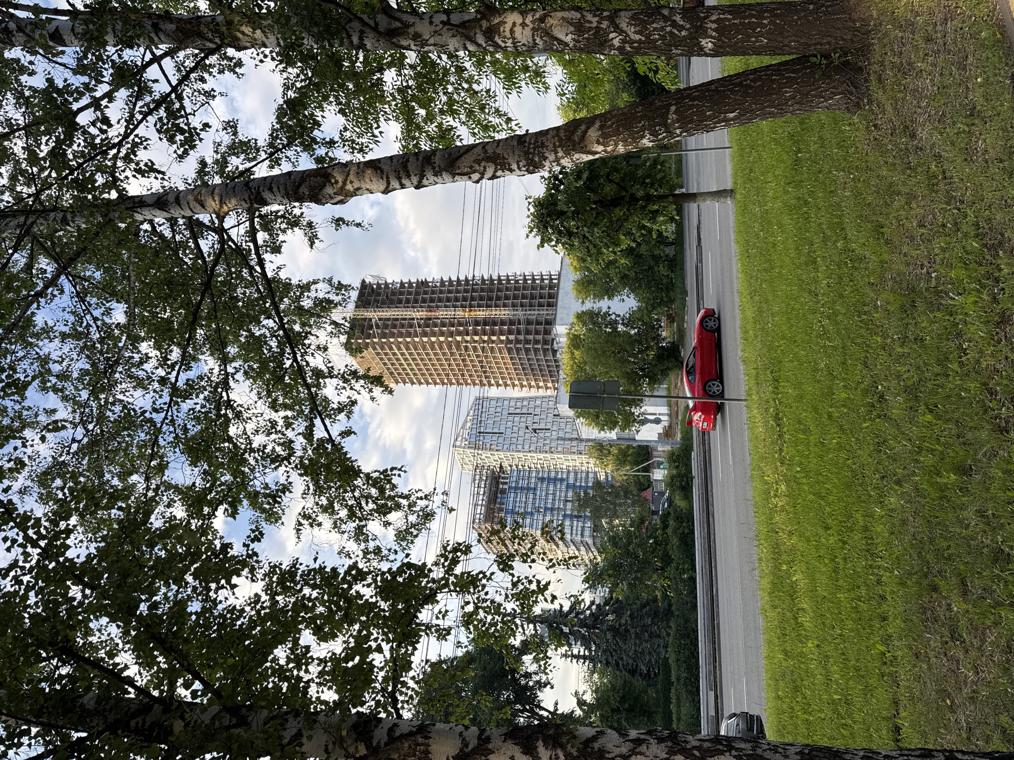 The image shows a street scene in Izhevsk, Russia, with a focus on the construction of modern buildings juxtaposed with natural elements. In the foreground, a patch of lush green grass lines the side of a paved road. A vibrant red sports car is captured in motion on the road, its dynamic pose suggesting speed. Several mature trees, identifiable by their distinctive white bark and thin branches, frame the scene on the right and left, their leaves creating a canopy that partially obscures the sky. In the background, two tall buildings are under construction. One building is a skeletal framework of concrete and steel, with cranes visible at its top. The other building displays a more advanced stage of construction, with its glass facade partially installed. The sky above is a mix of blue and white clouds, suggesting fair weather. The overall impression is one of urban development progressing amidst established greenery.