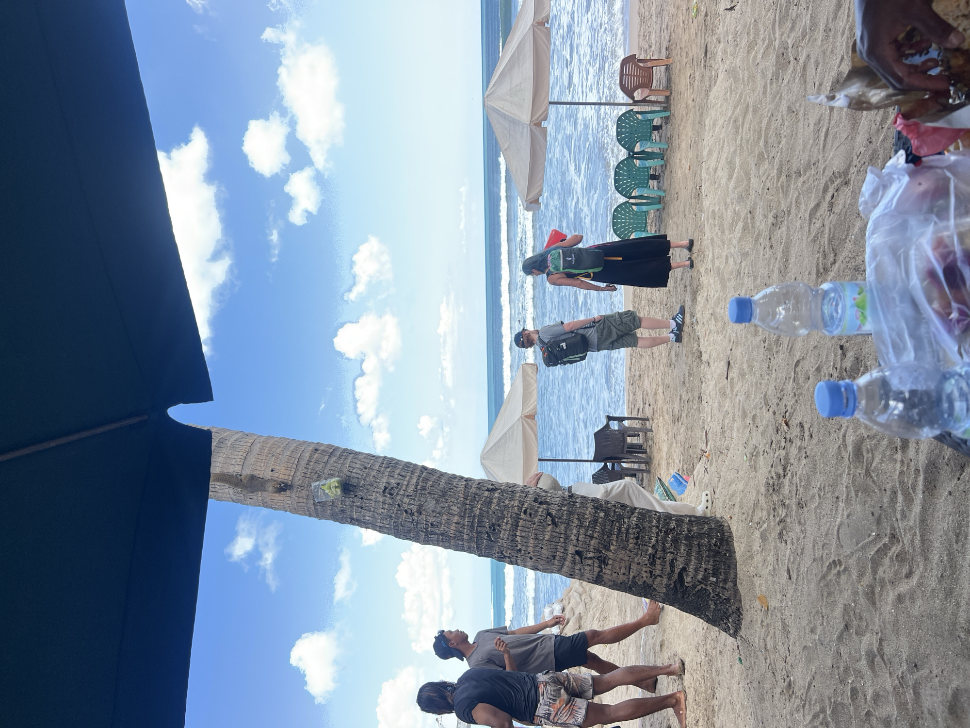 The image captures a scene at Kuta Beach, Indonesia, on a sunny day with a partly cloudy sky. In the foreground, the sandy beach is visible, with footprints imprinted on it. Two plastic water bottles are present on the sand, one partially obscured by a plastic bag. A person's hand is visible in the lower right corner, reaching into a brown paper package, suggesting a meal is being consumed.
Further back, a large palm tree stands prominently, its rough bark textured and weathered. A small clear plastic container with what appears to be green fruit slices is attached to the tree trunk.
Several people are gathered on the beach. To the left, two men are standing, one wearing a dark t-shirt and patterned shorts, the other in a grey t-shirt and black shorts. To the right of the palm tree, a person in light-colored pants and white sandals is partially visible. Further towards the ocean, a couple stands facing the water. The man is wearing a grey t-shirt, olive shorts, a cap, and a backpack. The woman is wearing a black dress and a green backpack, holding a red object.
Two beach umbrellas are set up on the sand, with plastic chairs placed underneath them. The ocean is visible in the background, with moderate waves rolling towards the shore. The water is blue, transitioning to a lighter turquoise near the shore. The horizon is clear, with the sky a vibrant blue punctuated by scattered white clouds. The overall atmosphere is one of a relaxed day at the beach.