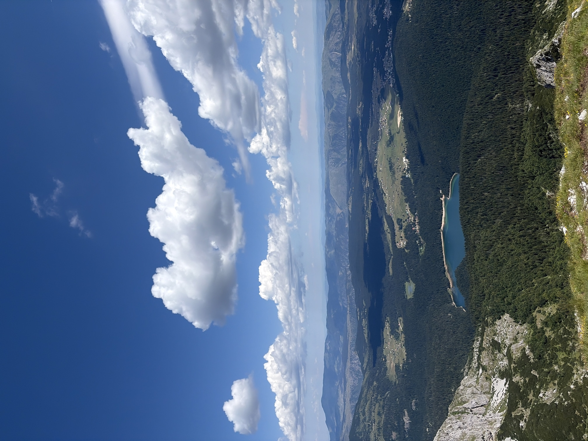 This is a wide-angle, aerial view of a mountainous, forested landscape under a bright blue sky with scattered white clouds. In the foreground, the rough texture of a grassy, rocky slope is visible, with some yellow wildflowers. The middle ground is dominated by a dense, dark green coniferous forest that carpets the rolling hills. Nestled within the forest is a tranquil, irregularly shaped lake with deep blue water. In the distance, the landscape softens into a series of hazy, undulating mountain ranges. Scattered settlements with small buildings can be observed in clearings within the forest and in the valleys between the mountains. The sky is expansive, with large, fluffy cumulus clouds and a thin, wispy trail of clouds stretching diagonally. The scene appears to be in Pašina Voda, Montenegro, a region known for its natural beauty and national parks. There are no people or animals visible in the image.