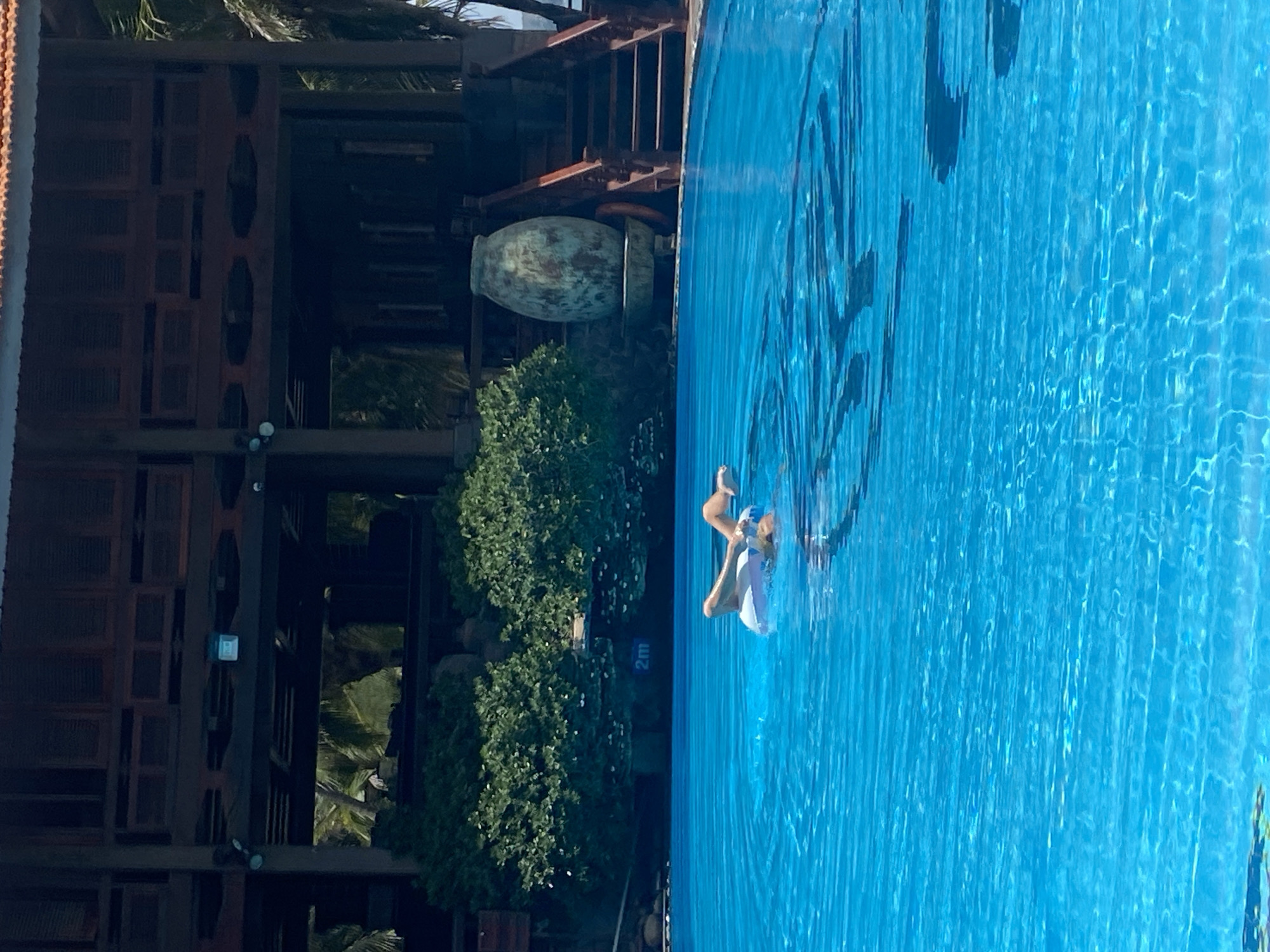 A person is swimming on a float in a bright blue swimming pool. Behind the pool, there is a large, open-air wooden structure with a tiled roof, suggesting it's a resort or a similar establishment. Lush green bushes are visible in front of the structure, and a large decorative urn sits on a pedestal to the right of the bushes. Stairs lead up to the wooden structure. The water in the pool is clear and reflects the sunlight, creating ripples. A marker indicating "2m" is visible on the side of the pool, denoting its depth. The overall scene conveys a relaxed, tropical atmosphere.