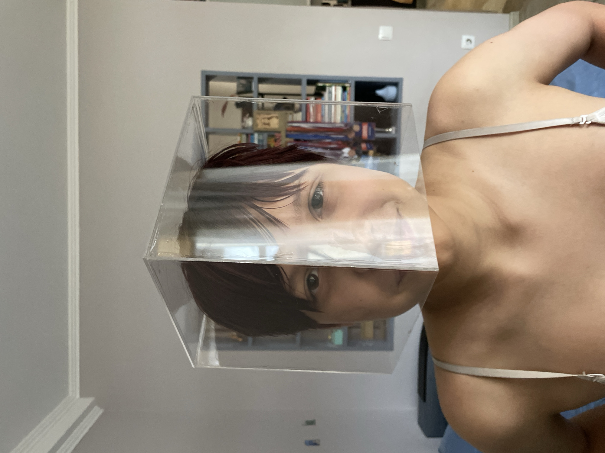 In an indoor setting, a person with short, dark hair is positioned centrally in the frame, facing forward. Their head is enclosed within a clear, cubic structure, possibly a prop or protective gear, which obscures a portion of their face. The individual is wearing a light-colored bra with thin straps. The background reveals a wall with subtle crown molding near the ceiling, and a gray shelf unit filled with books and other items. A light switch is visible on the wall to the right. The lighting suggests a daytime scene within a residential or domestic environment. There is no specific indication of the city of Sochi, Russia within the image or its provided context.
