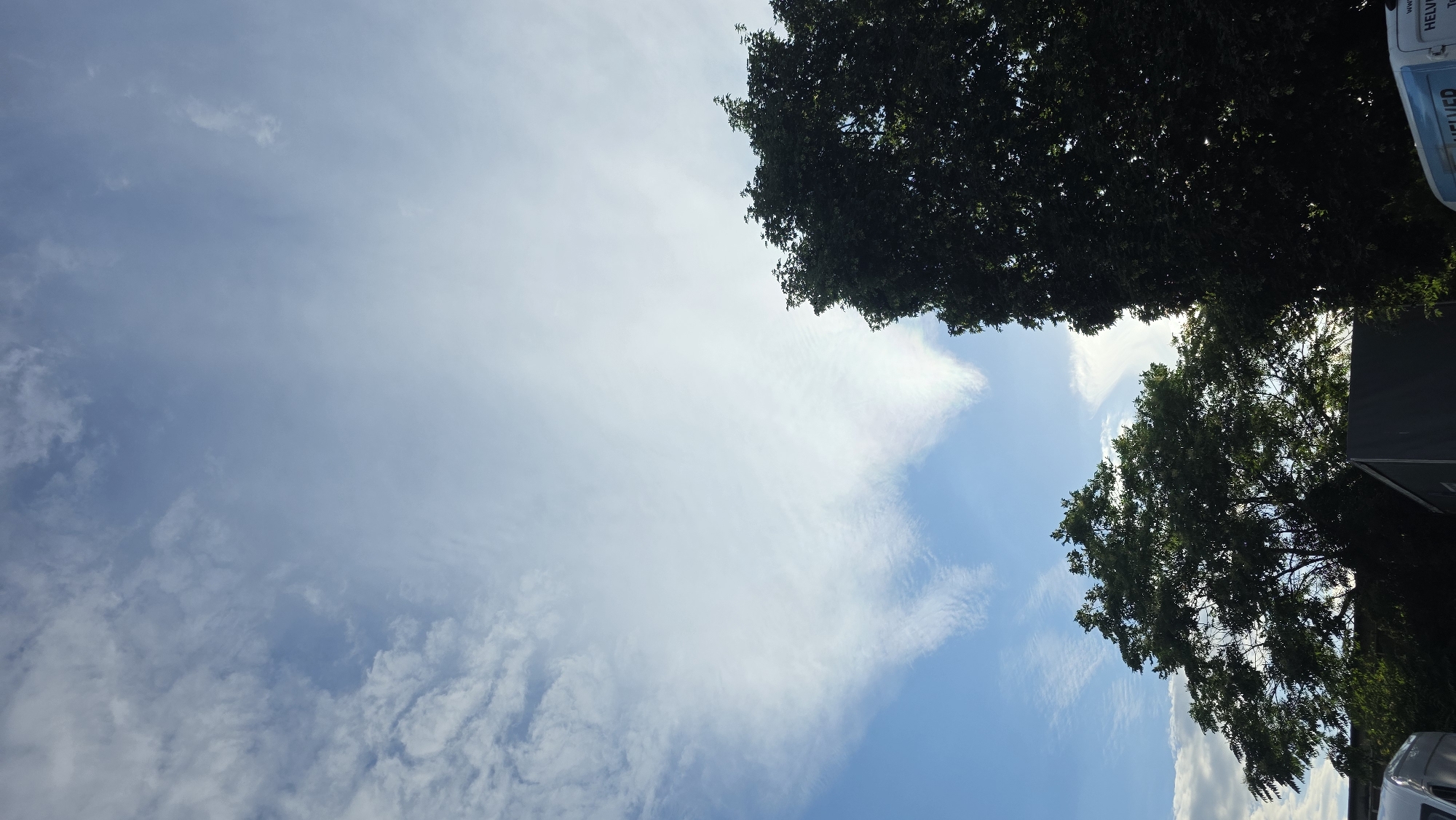 An outdoor, daytime, eye-level shot captures a sky with scattered clouds. A few trees are visible at the bottom of the frame, silhouetted against the bright sky. The clouds are wispy and white, with some appearing denser than others. The sky transitions from a bright blue on the left to a lighter, almost white hue towards the top right. The leaves of the trees are a dark green, and their branches are visible against the lighter background. There is a faint sheen of light filtering through the clouds in the upper right portion of the image. The bottom of the image is obscured by darkness, with only the upper portions of what appear to be vehicles and structures visible.