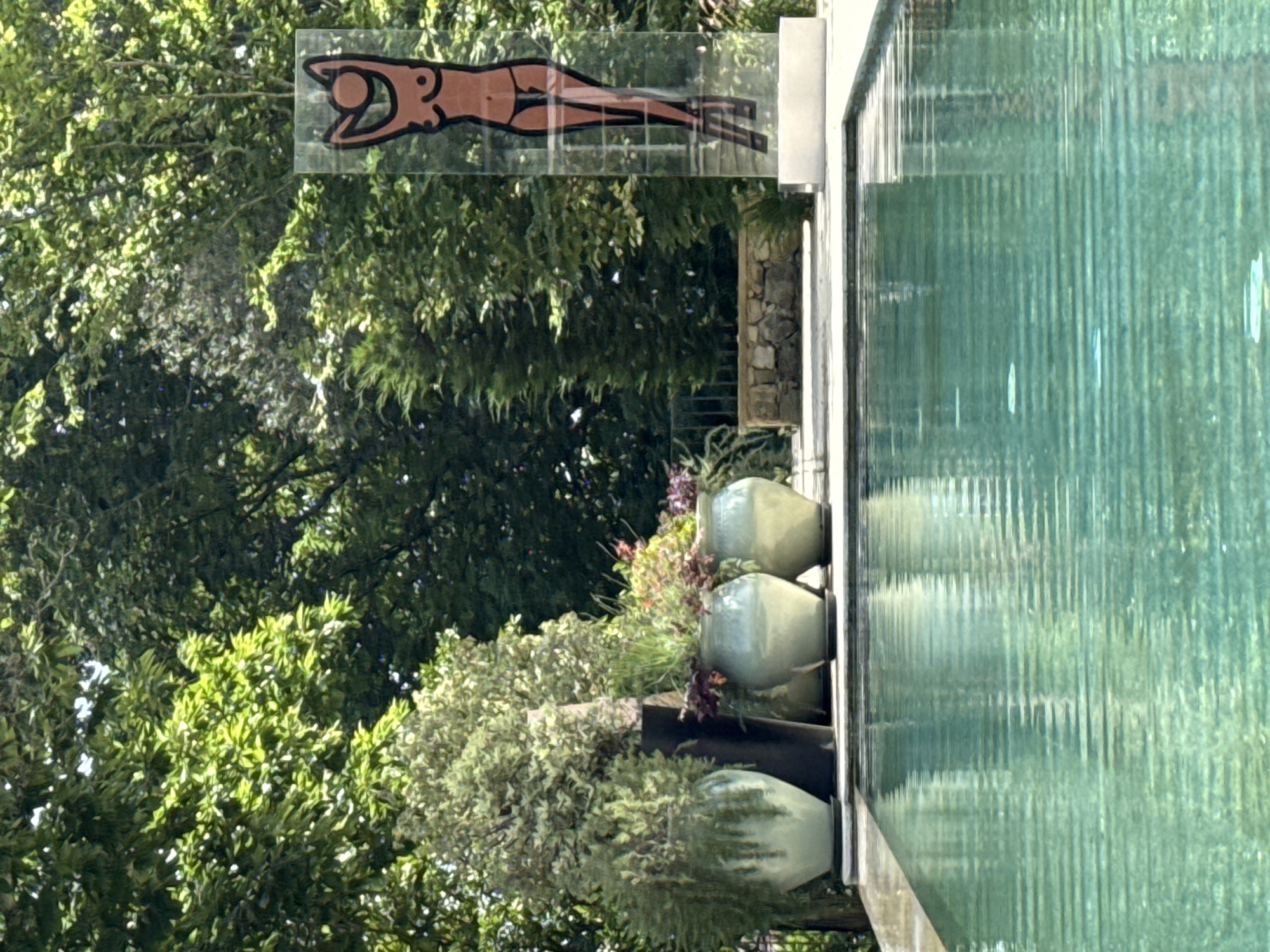 A vertical, high-angle shot shows part of a swimming pool with a glass panel at its edge, featuring a brown figure of a swimmer on the glass, viewed against a backdrop of dense green trees. Along the edge of the pool, there are several light green, vase-like objects arranged vertically. The pool water has a greenish tint due to the reflection of the surrounding foliage. The location is in the city of Vila Verde, Portugal.