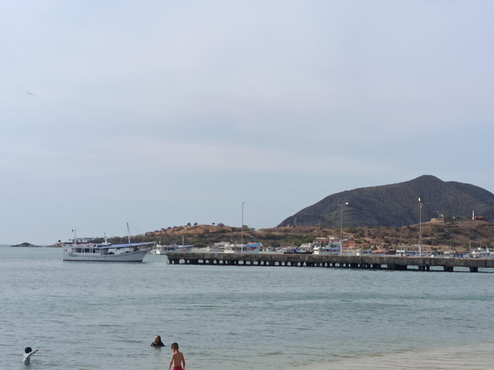 The scene is a view of the harbor area in Juan Griego, Venezuela, under an overcast sky. In the foreground, three people are in the water near the shoreline. One child wears a red bathing suit, another wears a white shirt. Behind them and further out in the water, is an adult with dark hair. In the middle ground, a white and blue passenger boat is navigating the water near a concrete pier with several other boats docked along it. The pier extends into the water. In the background is the terrain of Juan Griego, consisting of a prominent, somewhat barren, hill and some smaller hills with buildings and structures visible along its base and slopes. Streetlights are also noticeable along the hillside.