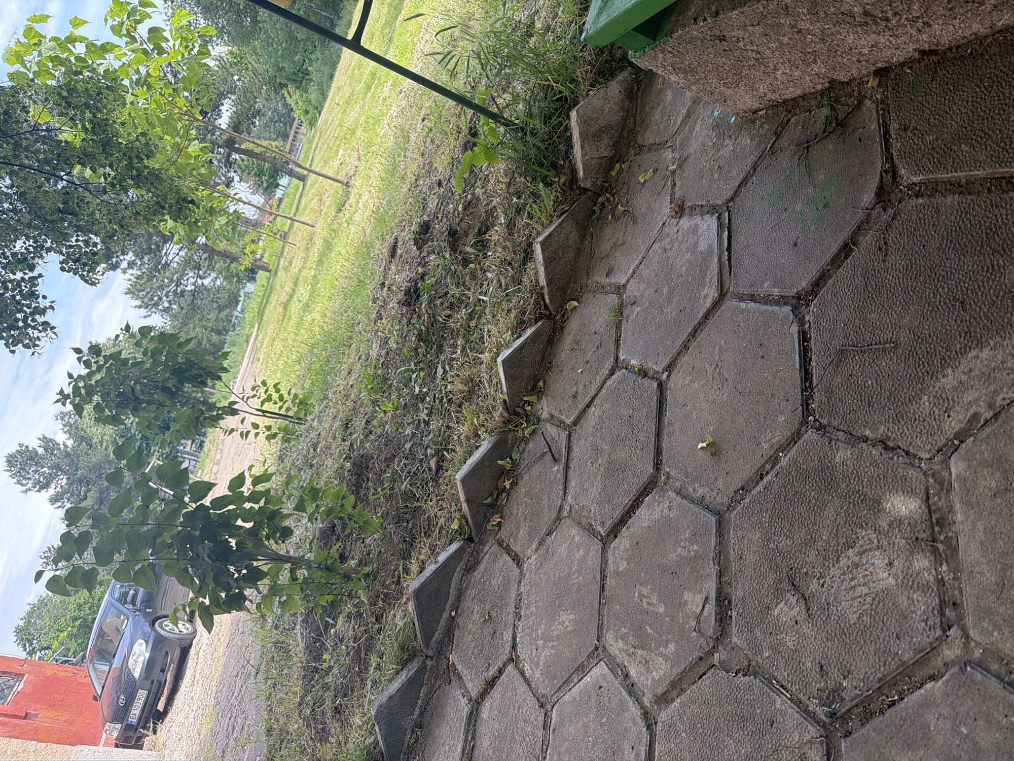The image depicts a ground-level view of a hexagonal paver pathway in Dolna Mitropolia, Bulgaria. The pavers are gray and textured. Adjacent to the pathway is a strip of grass and vegetation, including young trees. A car is visible parked near a red building in the background. The sky is partly cloudy. A metal pole is visible at the top of the image.