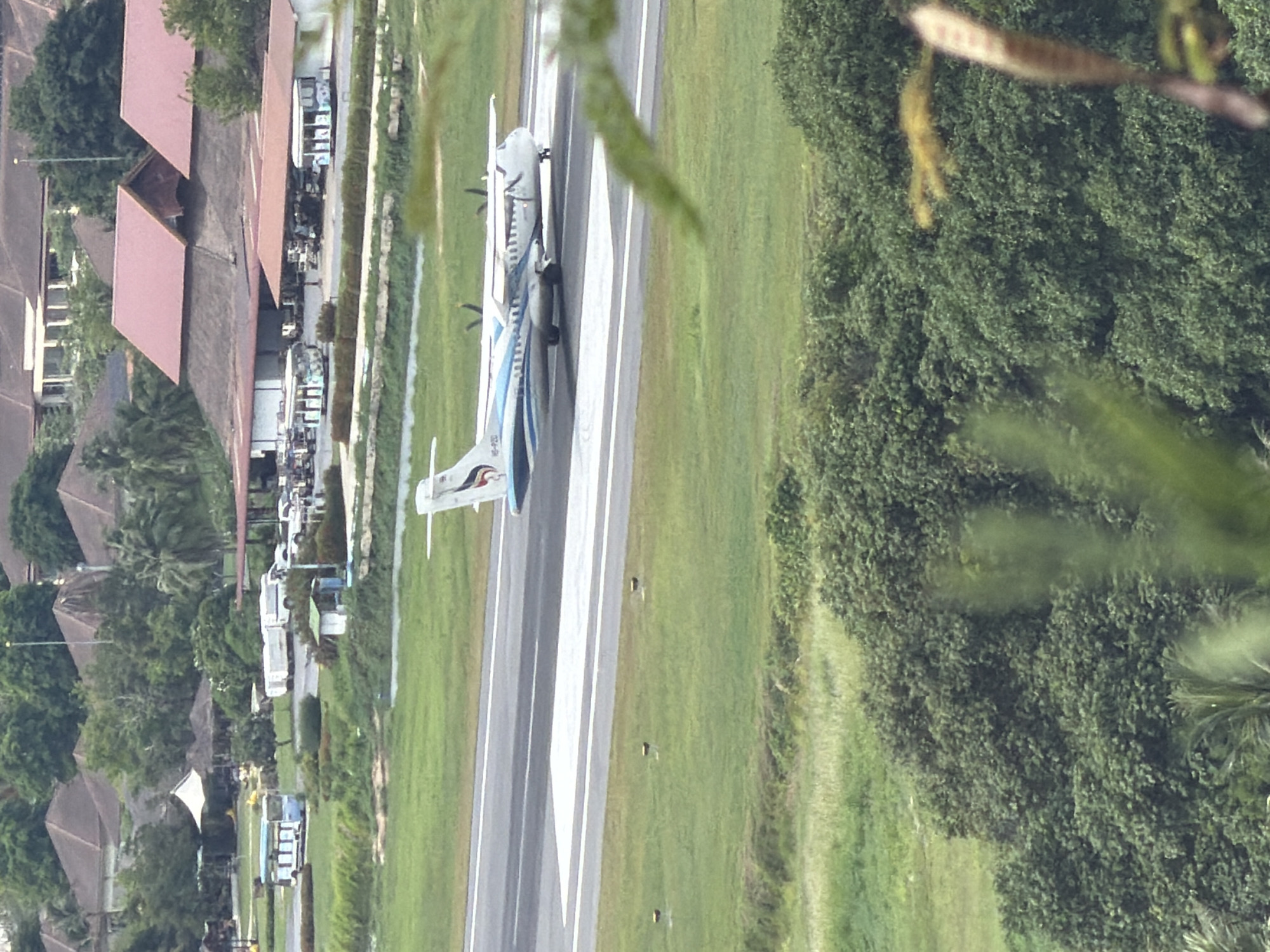 In the city of Ban Rak, Thailand, an airplane is captured on a runway. The turboprop airplane, with a blue and white livery, is seen from the side as it taxis or prepares for takeoff. The airport environment is characterized by green grassy areas, a tarmac with white markings, and runway lights. In the background, there are several buildings with reddish-brown roofs, typical of the region's architecture, and lush green trees. Some airport support vehicles, including buses and vans, are visible in the distance near the buildings. The foreground shows blurred green foliage, suggesting the photo was taken from a vantage point overlooking the airport.