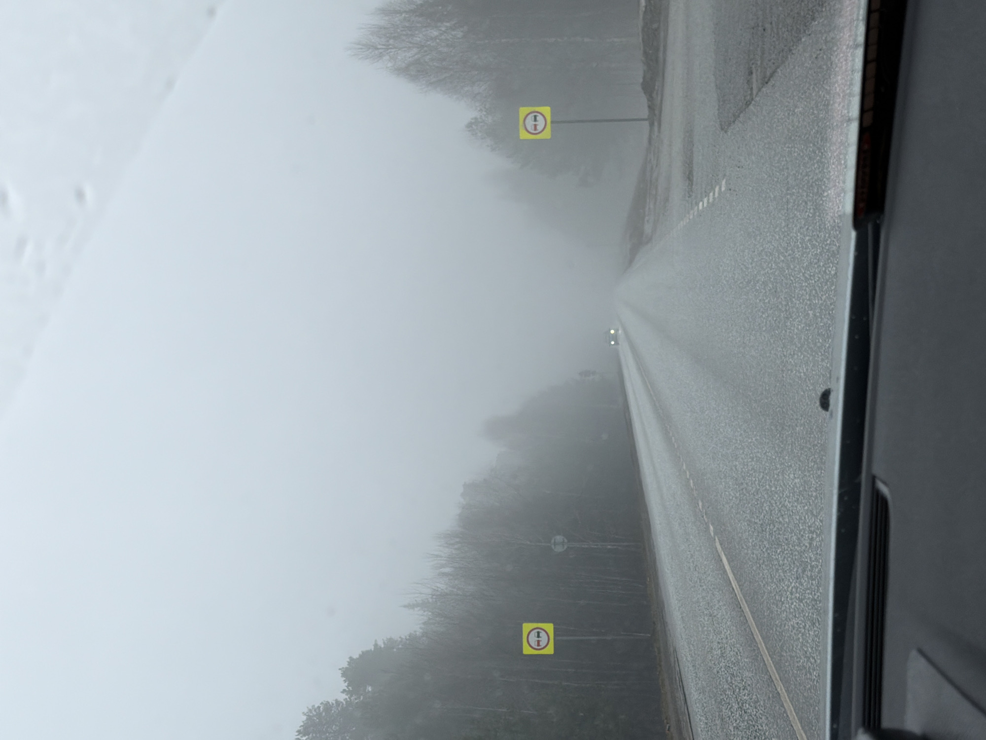 A road stretches into the distance through a dense fog. A vehicle's side window is visible on the right side of the image. Two yellow circular road signs are visible along the road, each containing a vertical bar and a horizontal bar inside. The trees line the road, nearly hidden by the fog. The fog limits visibility down the road. Based on the presence of road signs used in Russia, this image could potentially depict a location near the city of Chaikovsky.