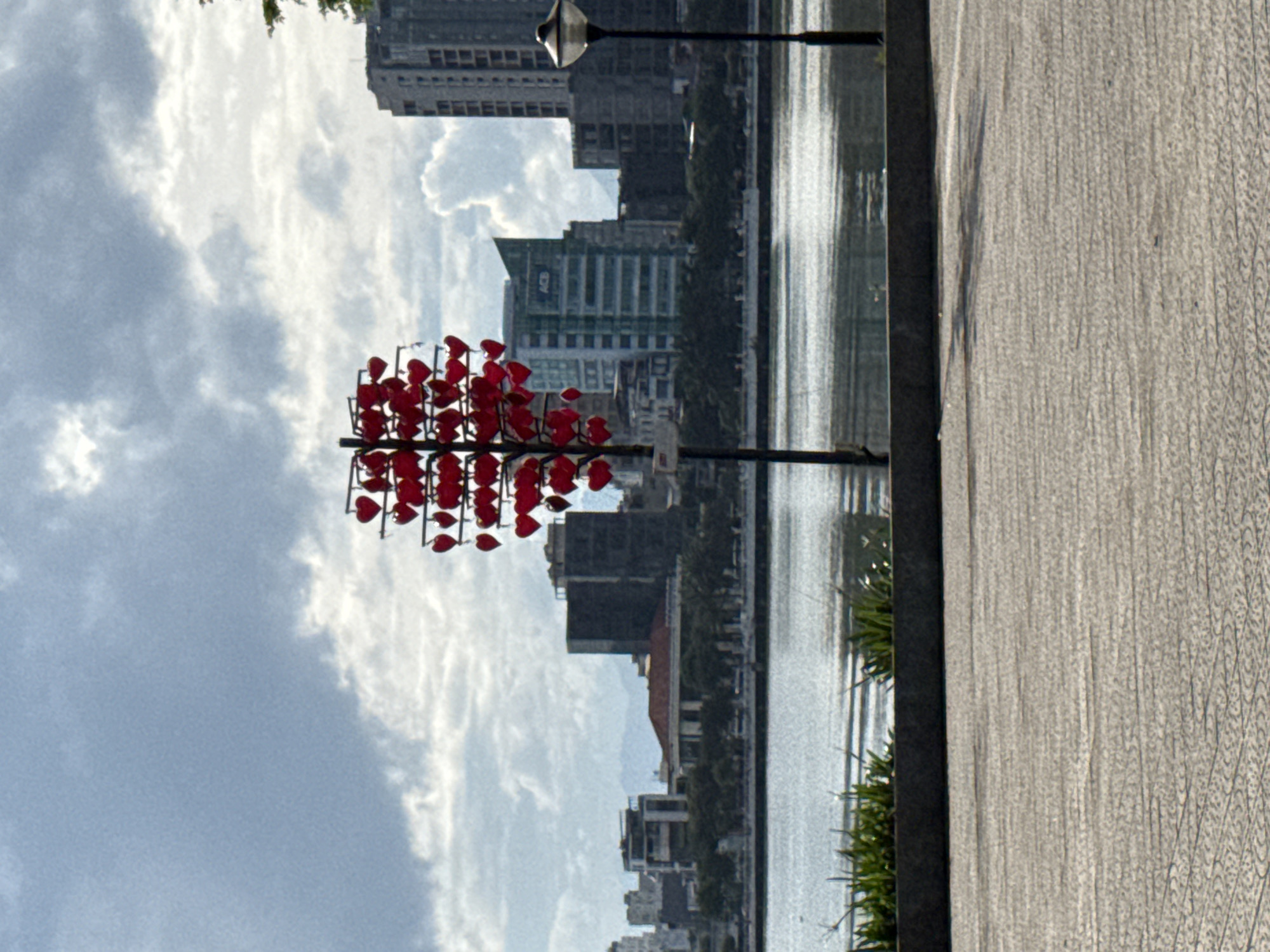 The image depicts a scenic view of the Han River in Đà Nẵng, Vietnam. In the foreground, a paved walkway with a textured pattern runs along the riverbank. A dark grey planter box filled with lush green grass separates the walkway from the water.
The main focal point of the image is a tree-like sculpture adorned with numerous red heart-shaped ornaments. This sculpture stands prominently near the river.
Across the river, the cityscape of Đà Nẵng unfolds. Several buildings of varying heights and architectural styles are visible, including modern high-rises and older structures. Some buildings are sleek and glass-fronted, while others have a more solid, concrete appearance. A distinctive green-tinted building with the letters "ACB" visible on its facade is noticeable. In the distance, hazy mountains form a backdrop.
A black lamppost with a distinctive lantern is positioned to the right of the heart sculpture, further enhancing the urban ambiance. The Han River itself is visible, reflecting the sky and the surrounding buildings. The sky is partly cloudy, with patches of blue sky interspersed with soft, grey clouds. The overall impression is one of urban life meeting natural beauty, with the iconic heart sculpture adding a touch of romance to the scene.
