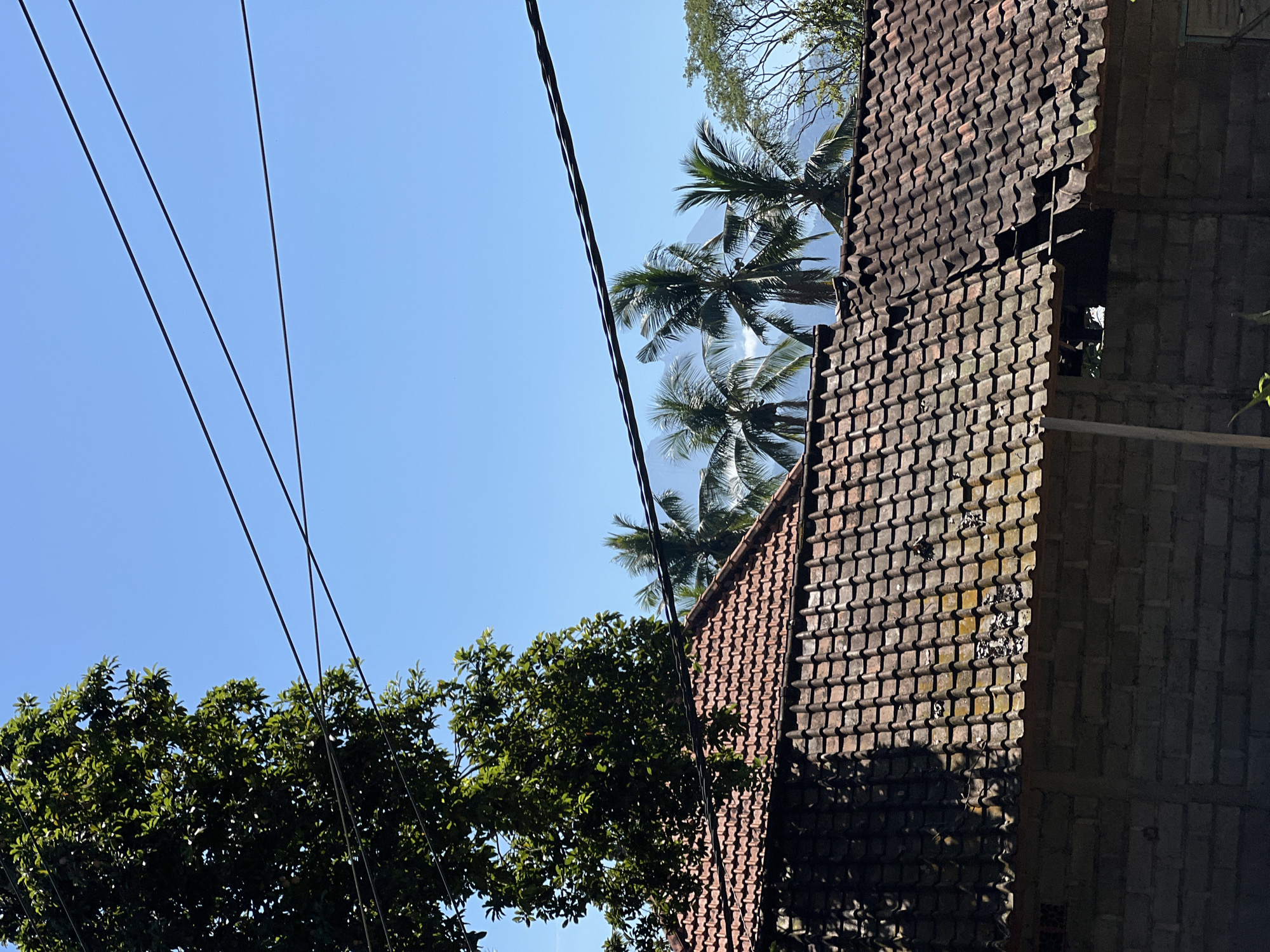 This image shows a close-up view of a weathered terracotta tile roof on a brick building. The tiles are uneven, with some cracked and discolored, suggesting age and exposure to the elements. The roof is partially covered in shadows from an overhanging tree on the left side of the frame. Behind the building, several palm trees are visible, with their fronds reaching towards a clear blue sky. In the background, a hazy mountain range can be seen, hinting at a natural, possibly rural, setting. Overhead, several dark power lines cut diagonally across the sky, dividing the scene. The overall impression is of a simple, somewhat dilapidated structure in a tropical environment, likely in the village of Manggis, Indonesia, given the presence of palm trees and the mountainous backdrop.
