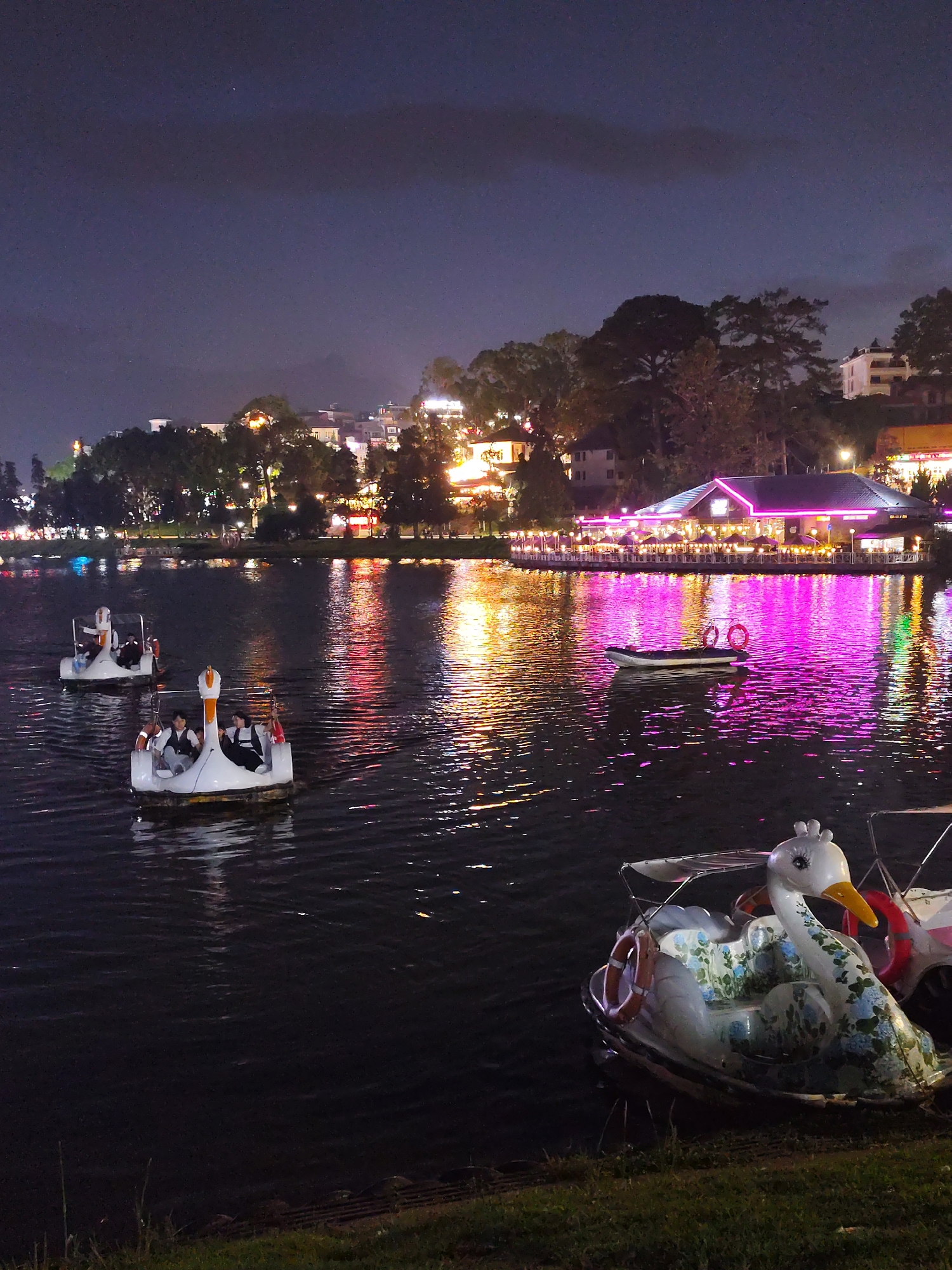 The image is taken at night in Da Lat, Vietnam, showing a lake with swan-shaped pedal boats. Three of the boats are in use, carrying passengers; one of these has two young people. One boat is docked. A building with bright pink and white lights illuminates the water. Trees and buildings are visible in the background along the shore. The sky is dark and cloudy. The foreground is grassy.