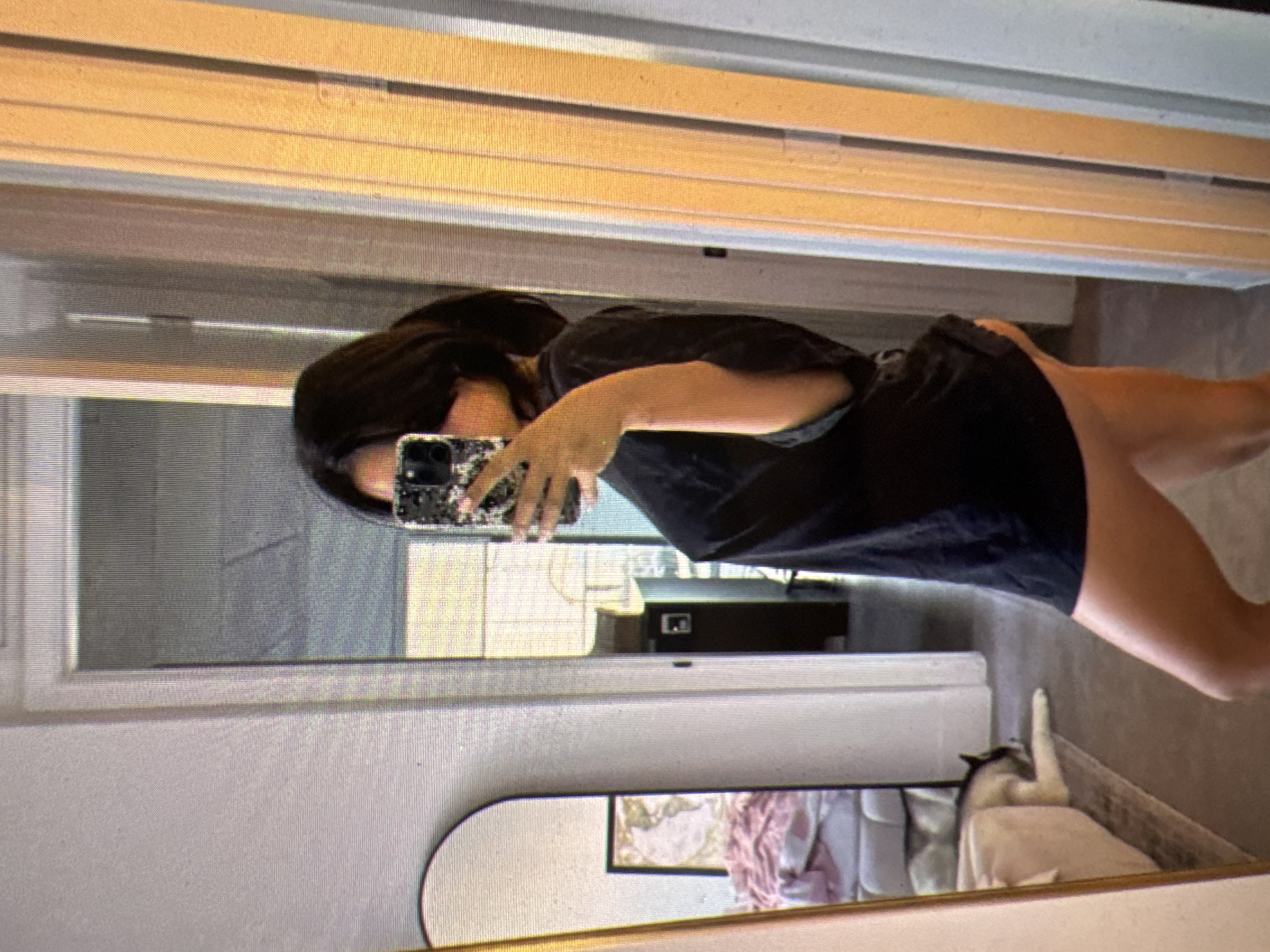 A person, viewed from the side, stands in a room and takes a mirror selfie. They are wearing a dark t-shirt that extends to mid-thigh. The person's hair is dark brown and pulled back into a ponytail. In their right hand, they are holding a smartphone with a patterned case. To the left of the person is a large, arched mirror reflecting the room. Within the mirror's reflection, a dog is lying on the floor. In the background, there are vertical blinds and a doorway. The location of this scene is not in Castelo Branco, Portugal.
