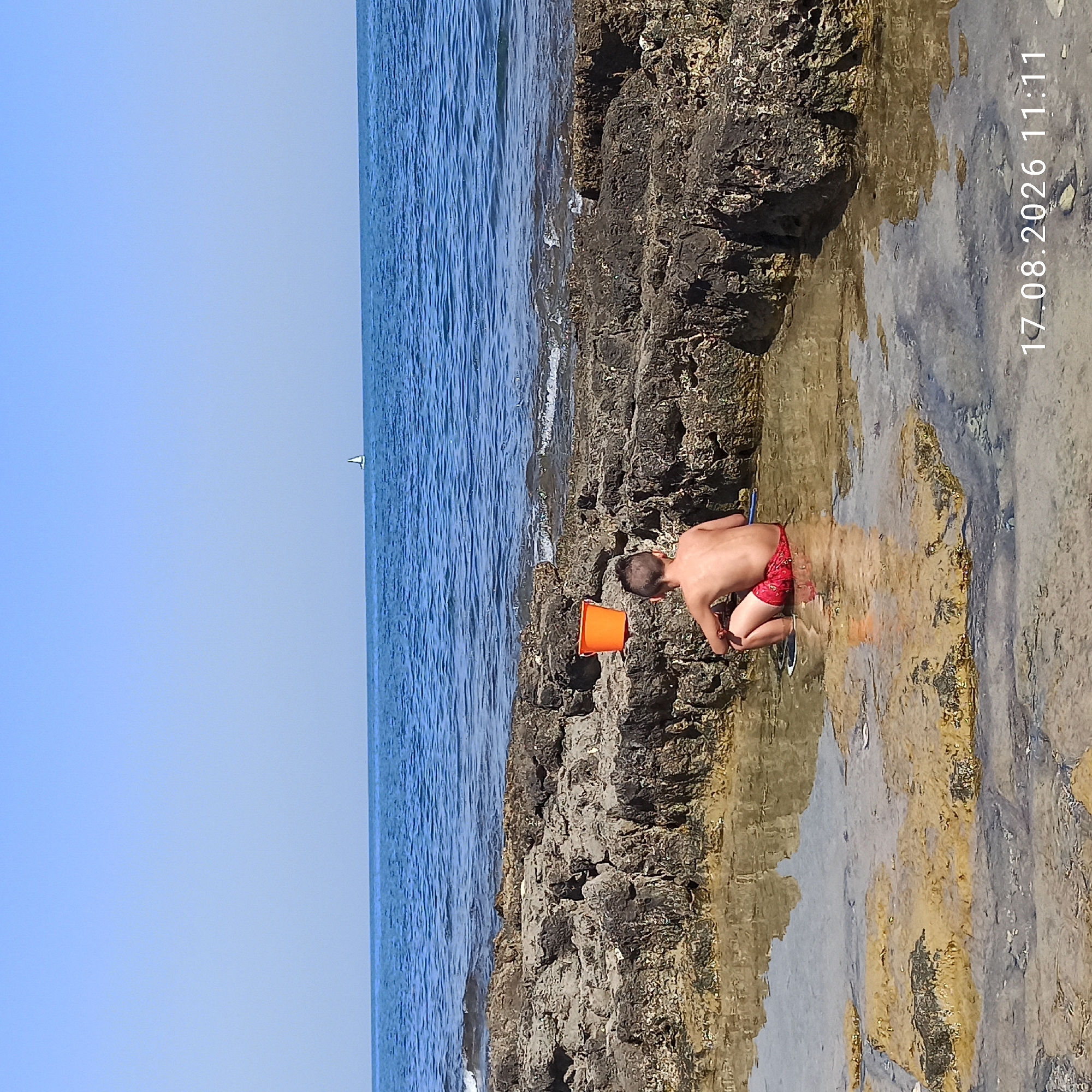 A young boy wearing red swim trunks is crouched in a shallow tidal pool on a rocky coastline. He is facing away from the camera, looking towards the water. An orange bucket is placed on a rock to his left. The sea is calm with a sailboat visible in the distance. The date stamp "17.08.2026 11:11" is visible in the lower right corner of the image. The location appears to be a rocky area typical of the Molfetta coastline in Italy.