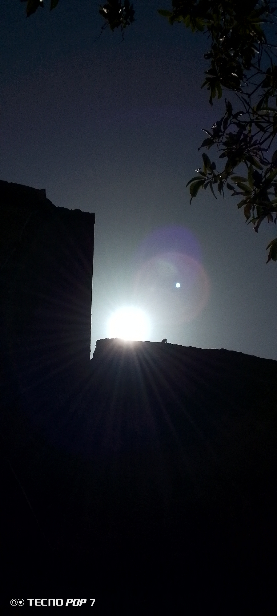 The image captures a brightly lit scene in Altagracia, Venezuela. The sun is a prominent feature, radiating light and casting a lens flare. Silhouetted against the bright sky are the structures, including a building on the left and a tree branch with leaves on the right. At the bottom is a cell phone brand logo, "Tecno Pop 7".