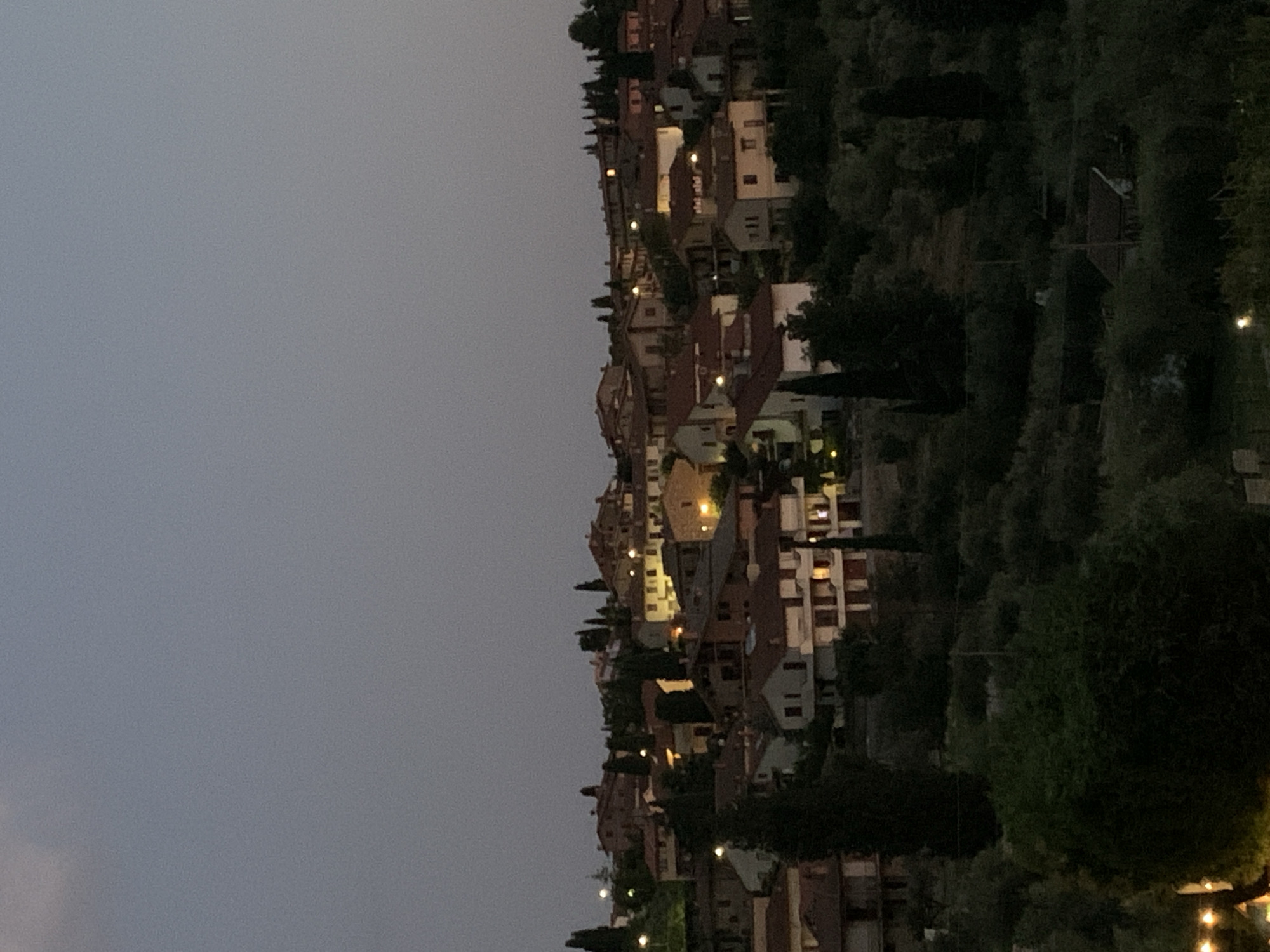 This is a vertical, nighttime photograph of a hillside village in San Quirico d'Orcia, Italy. The scene depicts a cluster of buildings with terracotta roofs nestled into the slope, interspersed with trees and vegetation. Many of the buildings have lights on, indicating evening or night. The sky is a dusky grey, suggesting twilight or a heavily overcast sky. The overall mood is peaceful and serene. There is no visible text in the image.