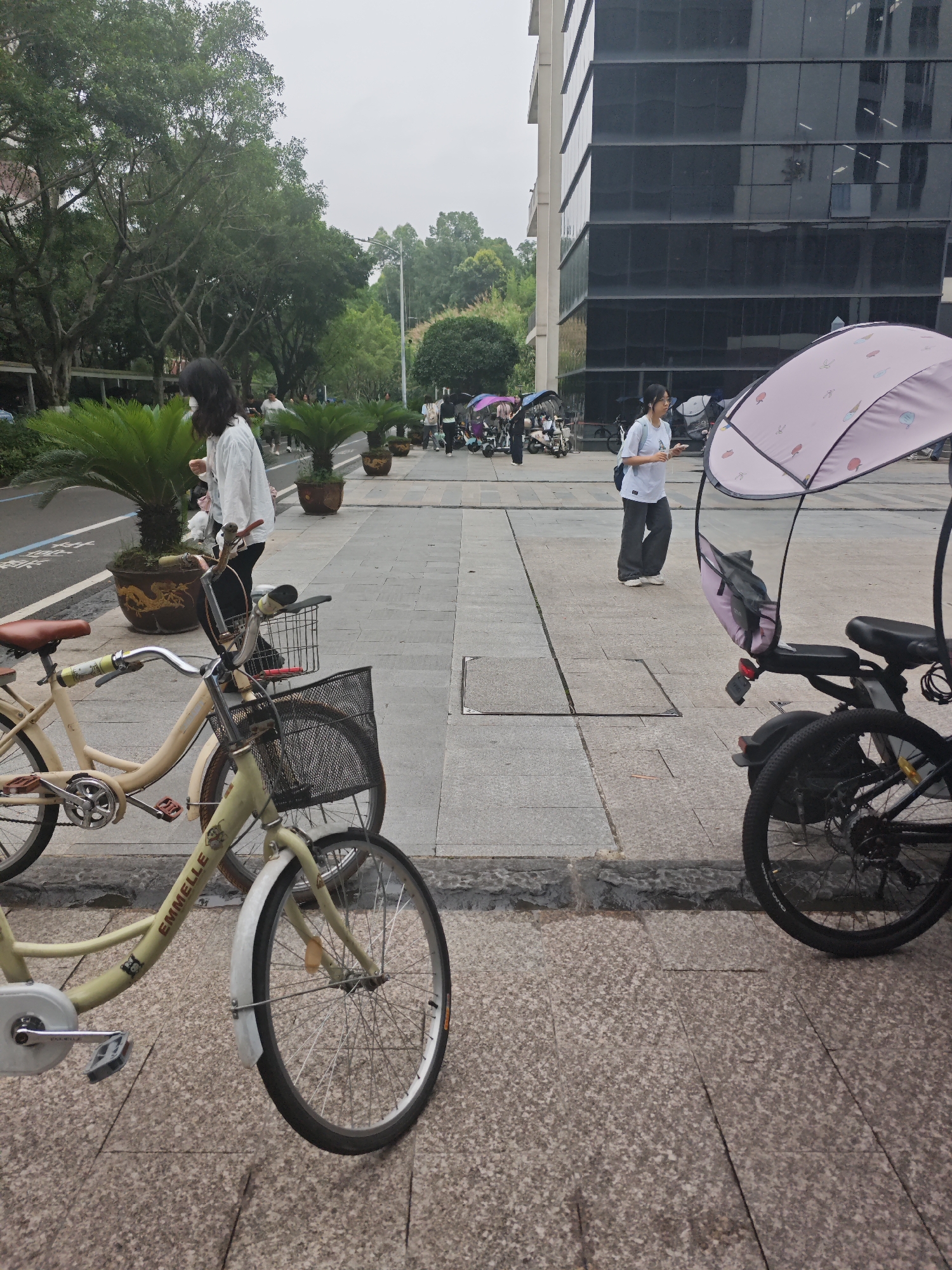 A street scene in Chongqing High-tech Zone, China, features two bicycles parked on a sidewalk. The foreground shows a light-colored bicycle with a basket and the brand name "EMMELLE" visible on its frame. To the right, a black electric bicycle is partially visible, equipped with a pink canopy-like accessory. In the background, a woman with dark hair is walking away from the viewer, wearing a white long-sleeved shirt and dark pants. She is holding what appears to be a phone or small object. Another woman in a light blue shirt and dark pants is walking in the same direction, further in the background. A modern building with a glass facade is visible behind them, along with lush green trees and potted plants lining the walkway. The sky is overcast.