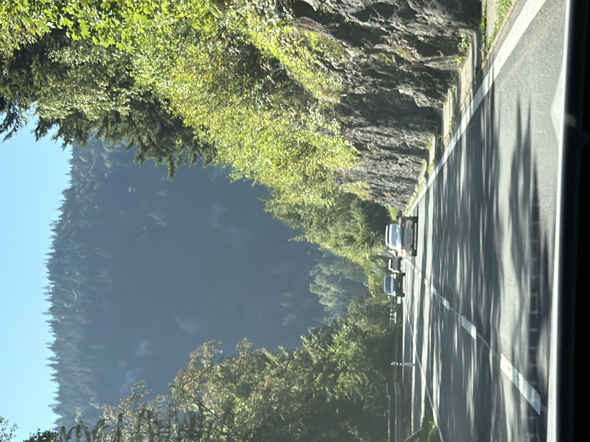 An eye-level, outdoor, vertical, slightly blurry shot shows a view from a car driving on a two-lane road flanked by a steep, rocky cliff face on the right and lush green trees and a forest-covered mountainside on the left. The road has white lane dividers, and there are several cars driving ahead. The sky is clear and blue. The time of day appears to be daytime, given the bright sunlight and shadows.