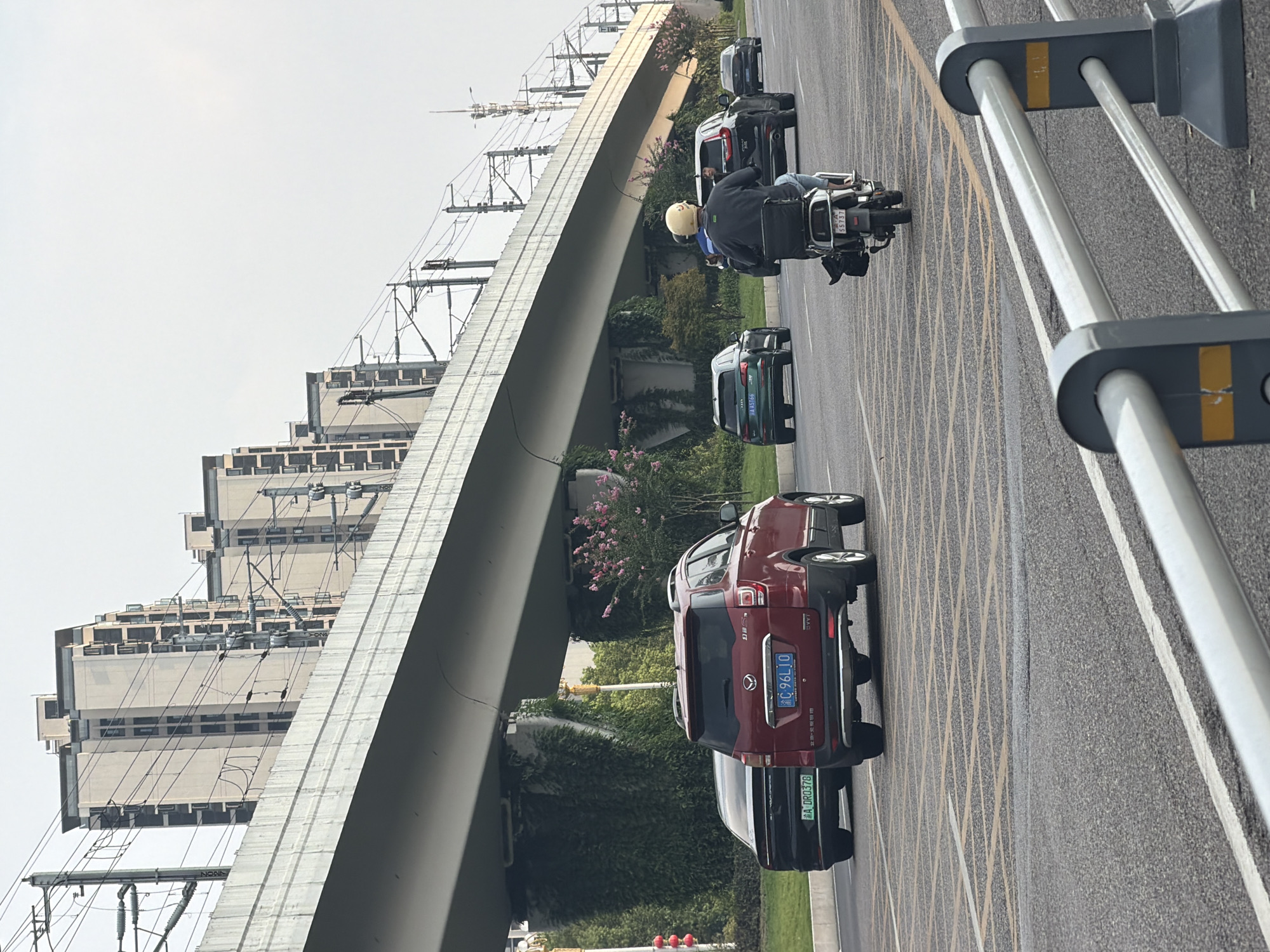 The image depicts a street scene in Jiangjin, China, characterized by an elevated overpass or bridge structure dominating the upper half of the frame. Beneath this structure, several vehicles are visible on a multi-lane road. In the foreground, a dark-colored car with license plate "A DRO378" is to the left, followed by a maroon SUV with license plate "C 96L10." Further ahead, a person wearing a yellow helmet rides a scooter, followed by a dark SUV and a lighter colored SUV. Buildings, appearing to be residential apartments, are visible in the background, towering behind the overpass. The sky is overcast, suggesting a cloudy day. Vegetation, including ivy on the overpass supports and flowering trees, adds greenery to the urban landscape. The road surface features yellow grid markings, indicating a specific traffic zone or pattern. A metal guardrail runs along the edge of the road in the lower right portion of the image. Electrical wires and poles associated with the overpass are also prominent.