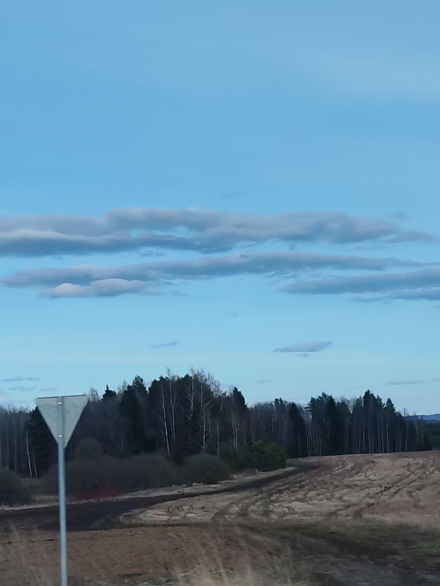 The image depicts a rural landscape under a blue sky with thin, horizontal clouds. In the foreground, there is a triangular road sign on a metal pole. Behind the sign, a field with visible tractor tire tracks leads toward a line of trees in the middle ground. The trees appear to be a mix of deciduous and coniferous varieties. The ground is primarily brown with patches of vegetation. The location is undetermined as there are no indications of a specific city or locale within the image. There are no people visible in the scene.