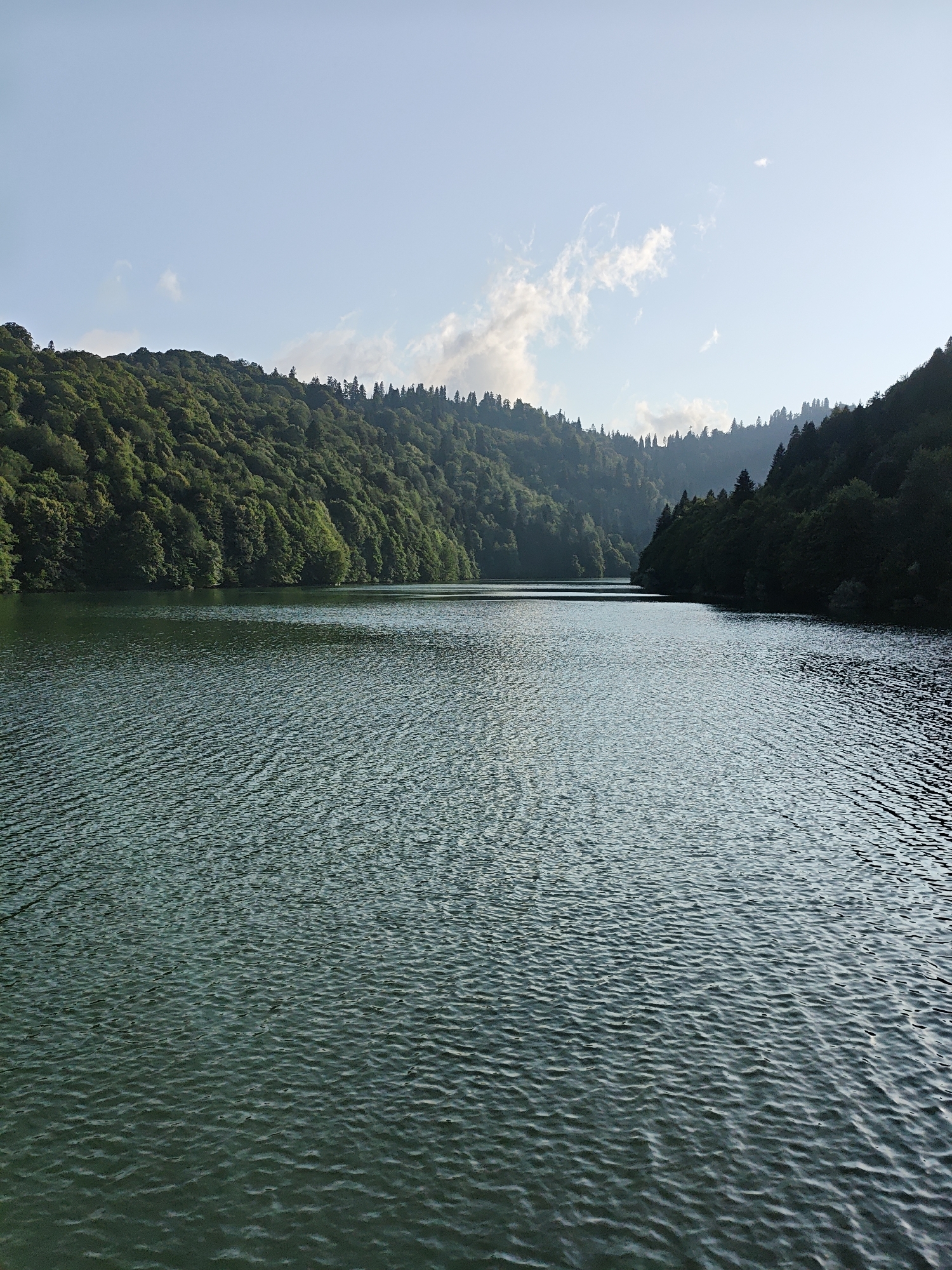 The image depicts a serene lake surrounded by lush green hills and dense forests. The water surface is rippled, suggesting a gentle breeze. The sky is clear with a few wispy clouds. The scene appears to be a natural landscape, possibly a national park or a remote wilderness area. The location is identified as the city of Kharistvala, Georgia, known for its natural beauty and mountainous terrain. The image captures the tranquil atmosphere of this picturesque setting, inviting viewers to appreciate the untouched splendor of nature.