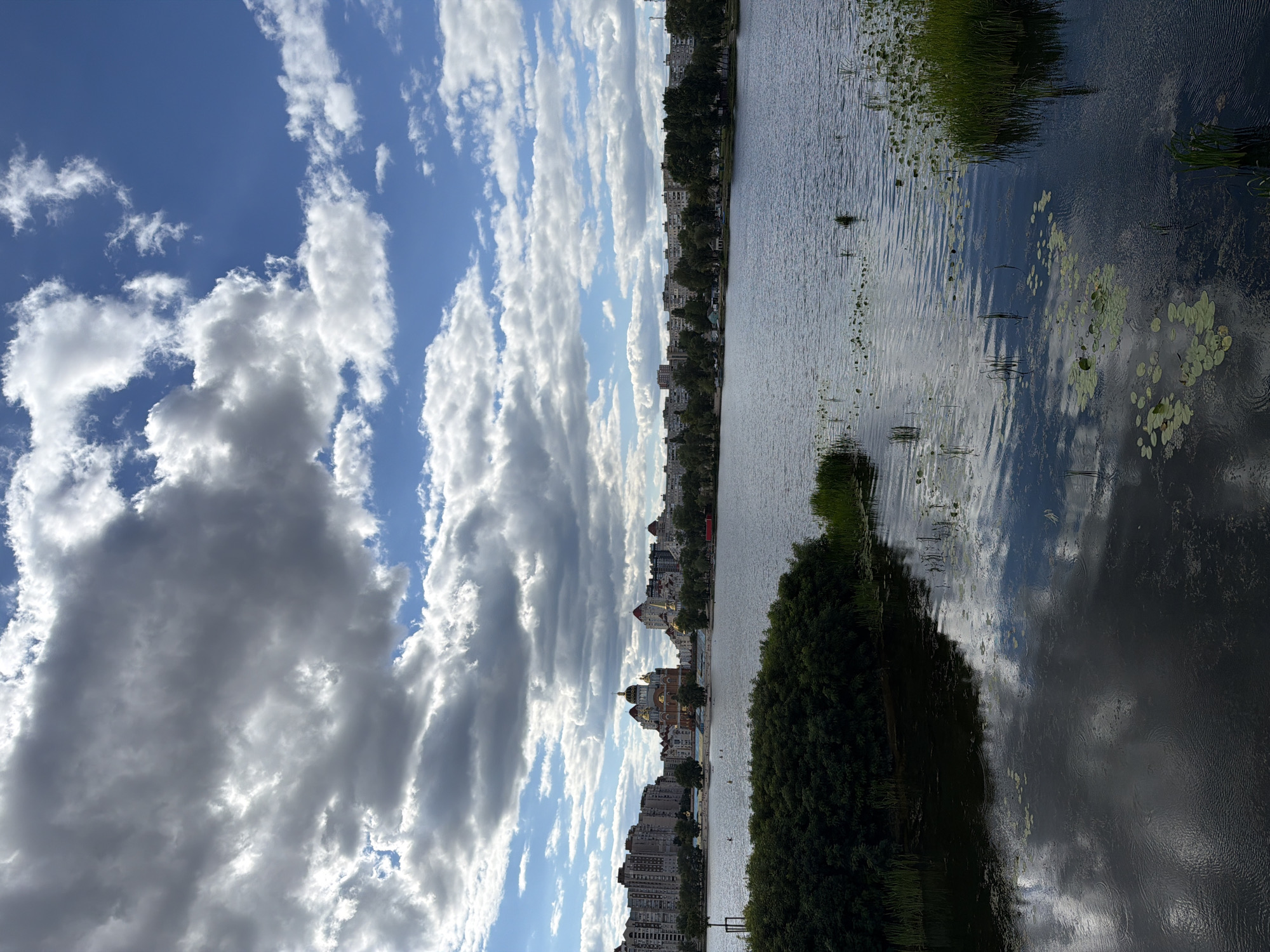 The image depicts a body of water with reflections of the sky and surrounding cityscape. In the foreground, lush green bushes and reeds grow along the water's edge, with lily pads visible on the surface of the water. The middle ground shows a wide expanse of water with gentle ripples. Across the water, a city skyline is visible, characterized by apartment buildings and trees. Prominently featured in the cityscape is a large, ornate building with golden domes, which appears to be a church or cathedral. The sky above is a mix of blue and dramatic, heavy clouds, suggesting a dynamic weather system. The scene is likely located in Vyshhorod, Ukraine, given the presence of the St. Nicholas Church of the Armed Forces of Ukraine, a prominent landmark in the city known for its golden domes and riverside setting. There are no people clearly visible in the image.