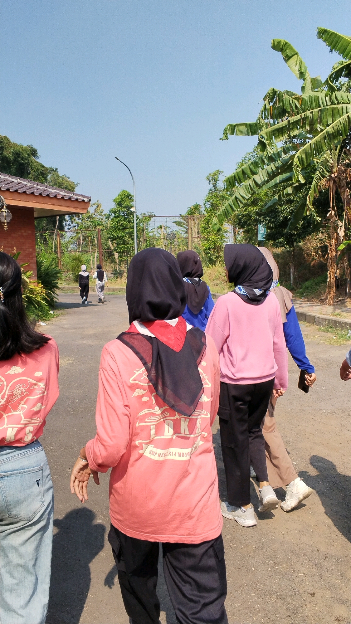 In the city of Ngingasrembyong, Indonesia, a group of young women, likely students, are walking along a paved path outdoors under a clear blue sky. The foreground is dominated by two individuals facing away from the camera. The woman on the left wears a light blue denim skirt and a coral pink long-sleeved shirt with an emblem featuring clouds and text that appears to be "IDKS SMP NEGERI 4 MOJO". The woman next to her, also facing away, wears a coral pink long-sleeved shirt with the same emblem and text, paired with black pants and a black hijab with red and black accents. Behind them, other individuals are walking further down the path. One person in a bright blue top and black pants, holding a dark smartphone, is visible. Further ahead, two individuals in dark clothing are walking away. The environment includes a building with a tiled roof on the left, lush green trees, and banana trees on the right, suggesting a tropical or subtropical setting. A street lamp is also visible in the middle ground. The scene appears to be captured during daylight hours, indicated by the strong shadows cast on the ground.