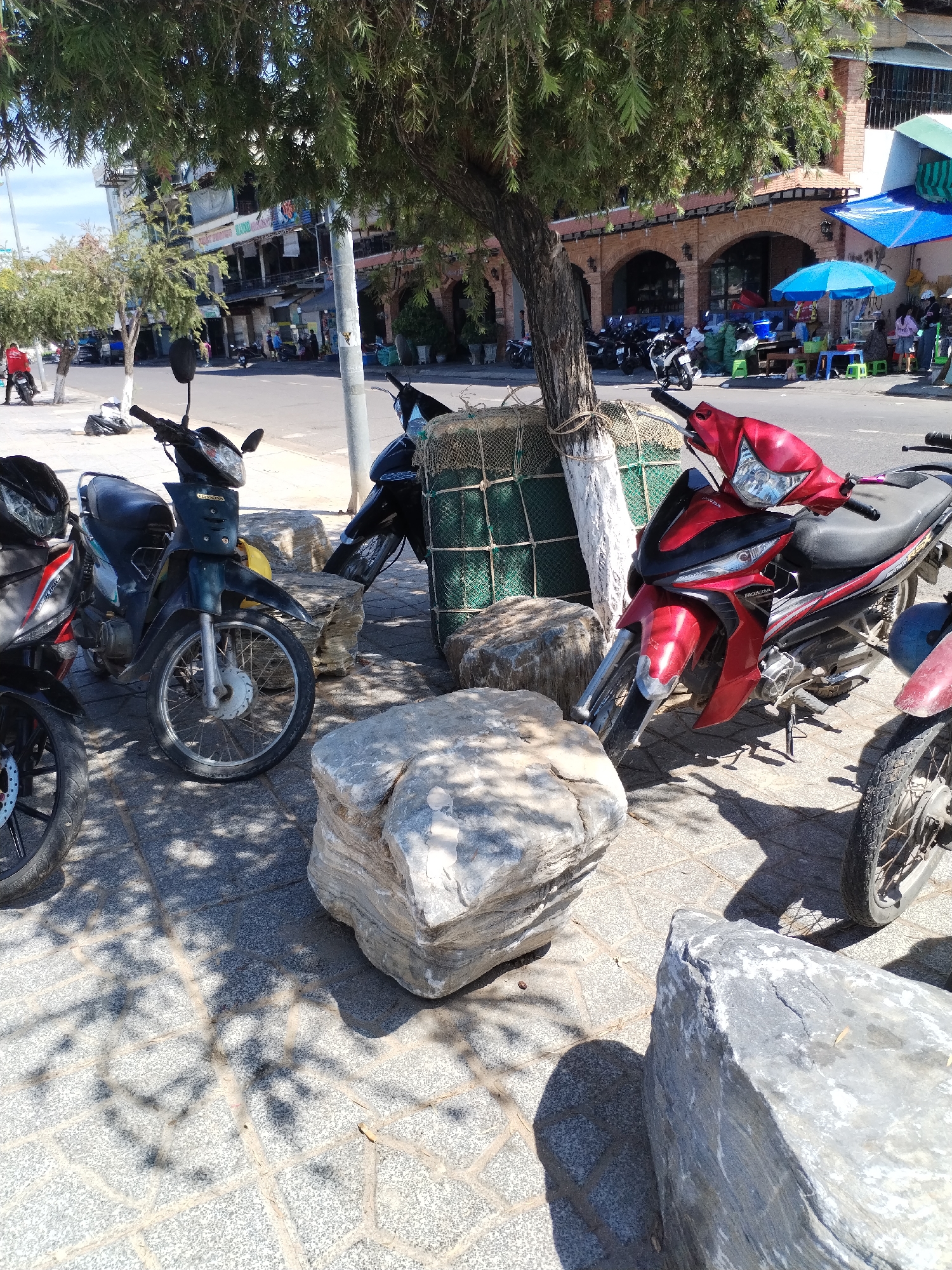 In Bac Nha Trang Ward, Vietnam, a street scene unfolds under a bright sky, with the shade of a mature tree dappling the tiled sidewalk. Multiple motorcycles are parked, two prominently in the foreground. A dark green Honda motorcycle stands to the left, its front wheel turned outward. To its right, a vibrant red and black Honda motorcycle is positioned, its front wheel angled inwards. Behind these, another motorcycle, partially obscured, is visible. Large, irregularly shaped boulders are strategically placed around the motorcycles, some serving as impromptu barriers or decorative elements. In the background, buildings with arched entrances line the street, suggesting a commercial or residential area. A few people are visible walking on the sidewalk and street in the distance, and umbrellas suggest open-air stalls or seating areas. Trash bags are piled on the sidewalk near the parked motorcycles. The overall environment is that of a typical urban street with parked vehicles and pedestrian activity.