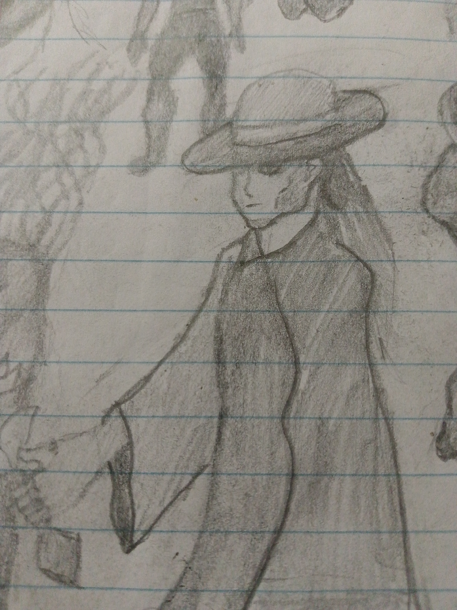 A pencil sketch on lined paper depicts a character wearing a wide-brimmed hat and a long, draping garment. The character's face is obscured by the hat's shadow. The character's right hand is extended, possibly holding or reaching for a small rectangular object. The background includes other indistinct figures. The location is not discernible from the image provided.
