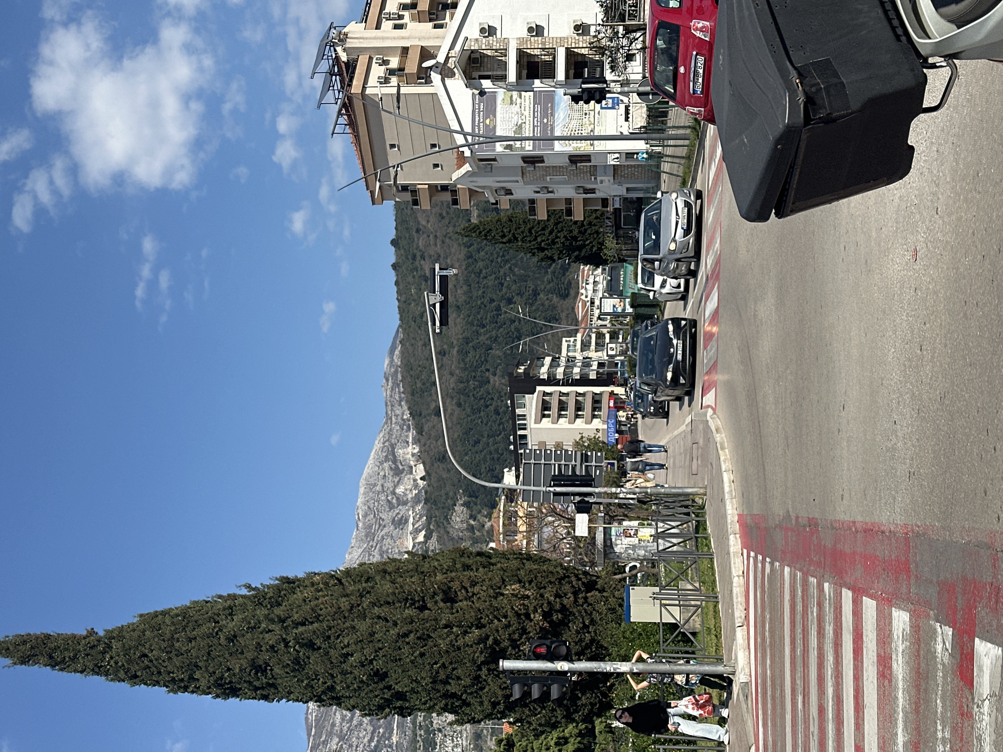 The image shows a street scene in Budva, Montenegro. The foreground features a crosswalk with red and white stripes, and pedestrians waiting to cross. Beyond the crosswalk, a street stretches into the distance, populated with several cars. Buildings of varying heights line the street, blending residential and commercial architectures. A forested mountain is partially visible in the background. A tall, slender tree stands to the left of the street, reaching towards the blue sky, which is scattered with a few white clouds. A traffic light is positioned beside the crosswalk.