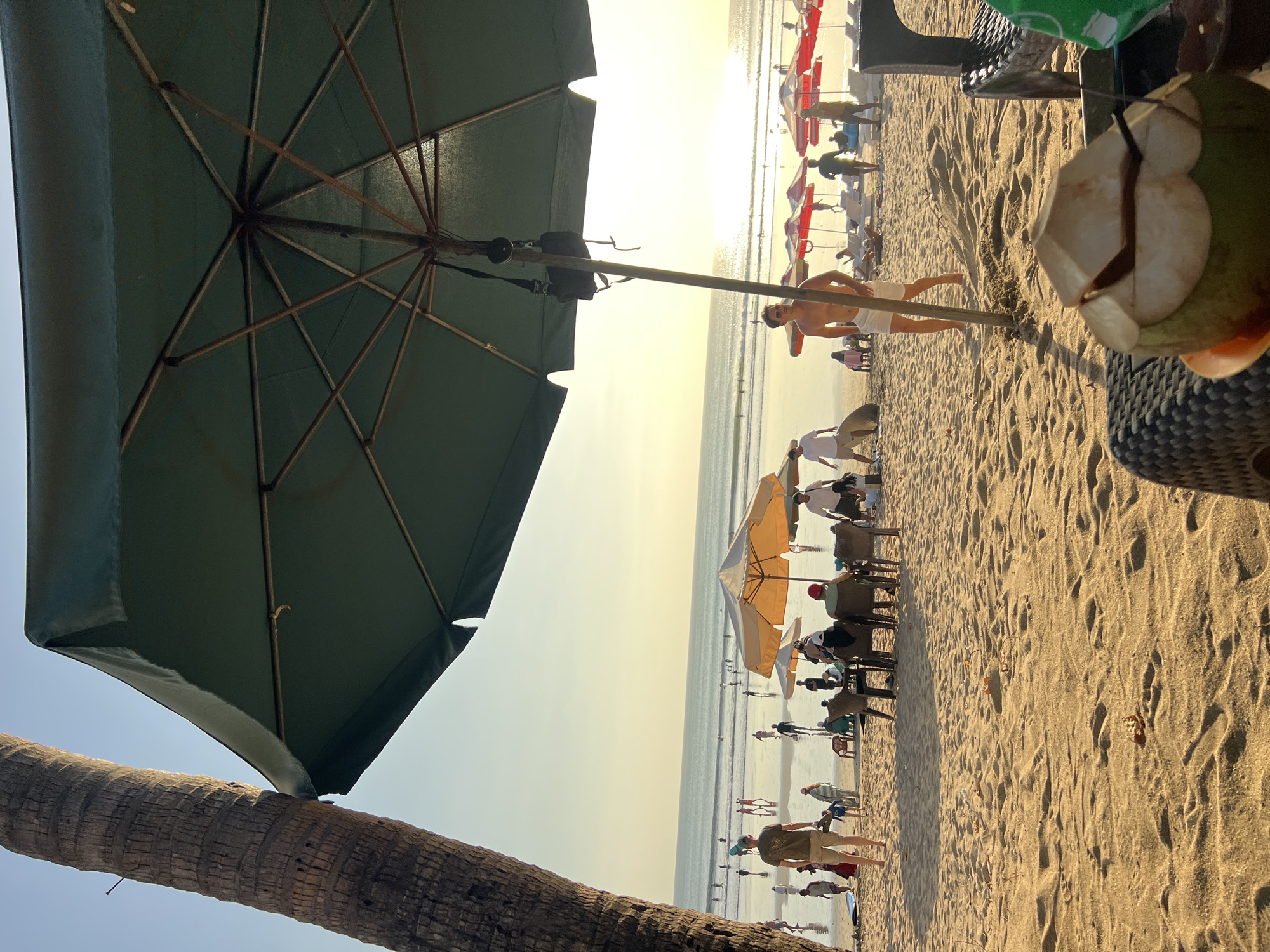 A wide-angle, eye-level shot captures a bustling beach scene in Kuta, Indonesia, during what appears to be late afternoon. The foreground is dominated by the sandy beach, with textures and shadows indicating the low angle of the sun. A large, dark green umbrella is positioned overhead, partially obscuring the sky and framing the scene. To the left, the rough bark of a palm tree trunk is visible.
In the mid-ground, several beach umbrellas, mostly in shades of yellow and red, are set up on the sand, providing shade for beachgoers. Groups of people are scattered across the beach, some sitting at tables and chairs under the umbrellas, while others are walking or standing. A man in white shorts and no shirt is walking towards the right, looking down. Further in the distance, the ocean stretches to the horizon, with numerous people visible in the water, some appearing to be swimming or surfing. The sun is low in the sky, casting a warm glow over the scene and reflecting brightly off the water, creating a slight glare. A half-cut coconut with a straw sits in the immediate foreground on a woven surface.