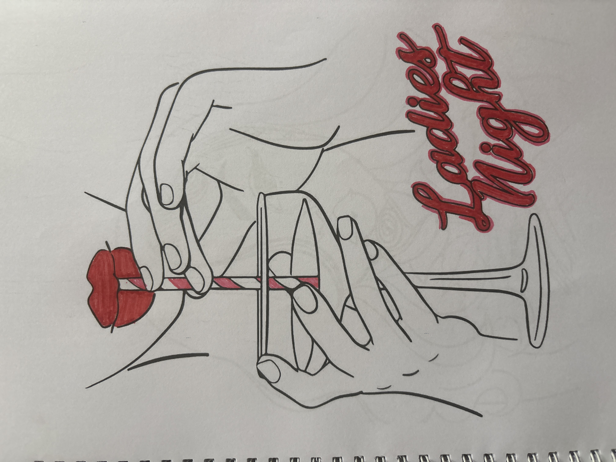 The image is a sketch on a spiral-bound notebook page. It features a stylized illustration of a woman's décolletage and hands holding a martini glass and a striped straw. The woman's lips are colored red and are pursed around the straw. The text "Ladies Night" is written in red, stylized script in the lower right corner of the page. The background of the notebook page is plain white with faint, uncolored background drawings visible behind the main illustration. There is no depiction of the city of Lafia, Nigeria.