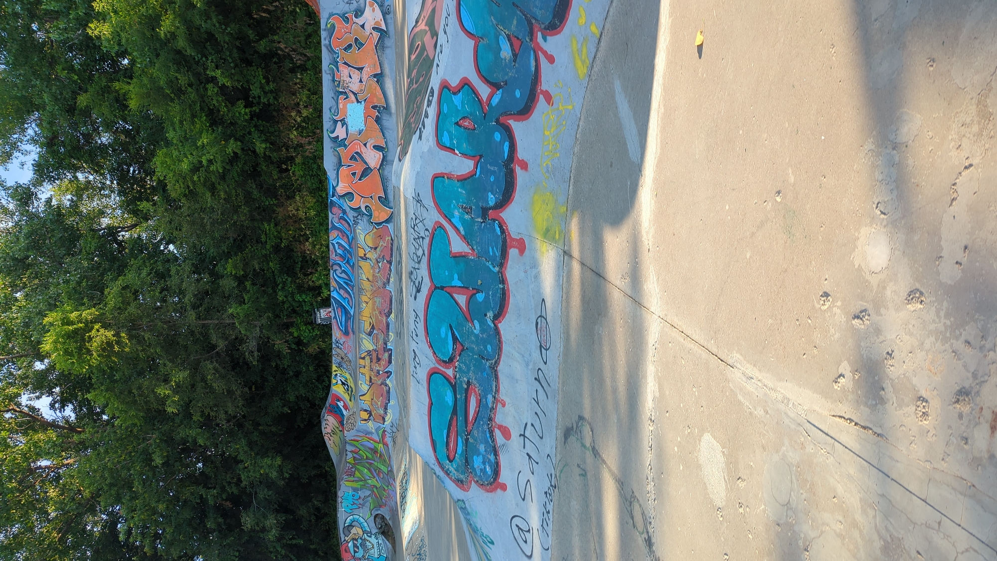 The image shows a concrete skatepark covered in graffiti, with trees in the background. There are no people visible. The graffiti on the central ramp spells out "SATURN" in large, teal letters with red and blue outlines, preceded by "@" and followed by what appears to be "(tiktok)". Other graffiti in various colors and styles is visible on the ramps and walls of the skatepark. The ground in the foreground is also concrete, showing some wear and tear and scattered debris. The lighting suggests it is daytime, possibly late afternoon due to the shadows. The location is identified as the Parc Thomas-Lorraine Skatepark in Montreal, Canada.