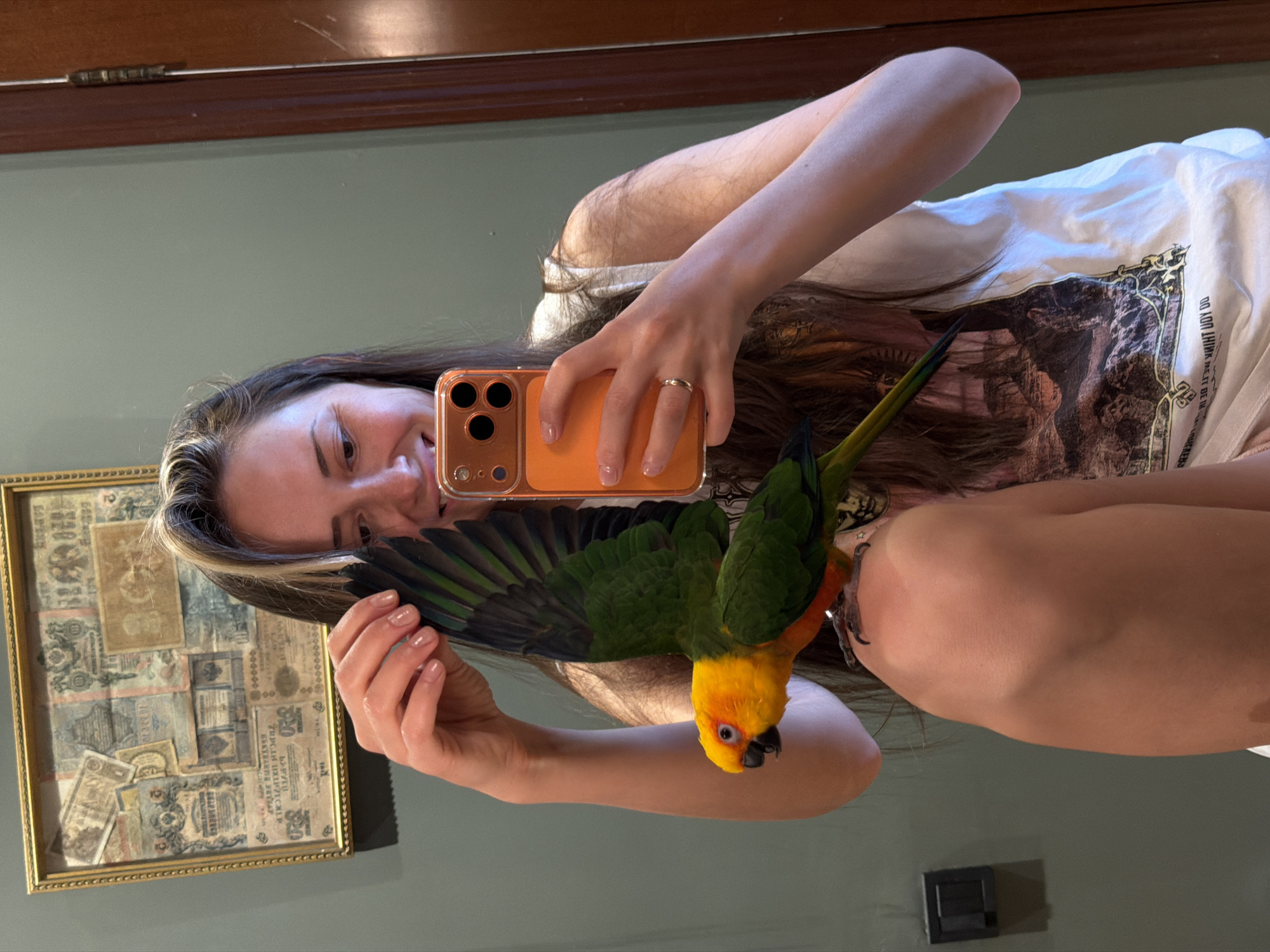A young woman is taking a selfie in a mirror. She is holding her phone with an orange case in her right hand, and a sun conure parrot is perched on her left forearm. The woman is wearing a white t-shirt with a graphic design. A framed picture hangs on the wall behind her. A light switch is visible on the wall to the right. The location is not determinable from the image.