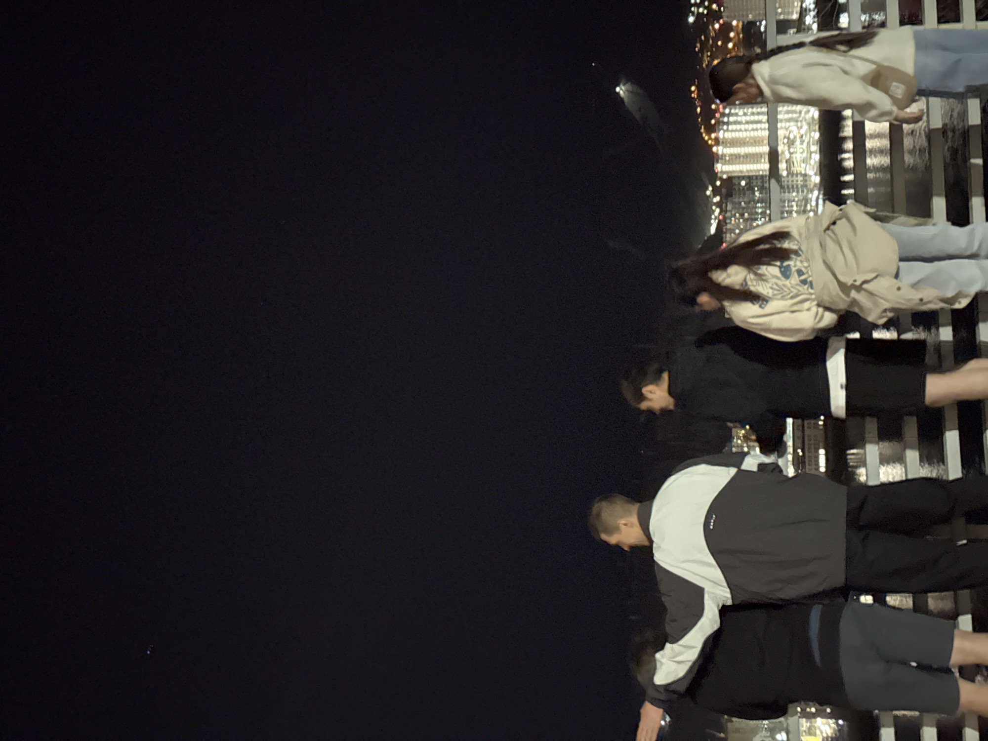 Four people are standing on an observation deck overlooking a city at night. The city is likely Krasnoyarsk, Russia, given the presence of the Yenisey River and the specific arrangement of buildings and lights.
Two women in the foreground are wearing jackets and jeans. A man in a jacket and pants is standing next to them. Another man, who is wearing a jacket and shorts is standing next to him.
They are looking toward the illuminated skyline of the city across the Yenisey River. The dark night sky contrasts with the bright cityscape.