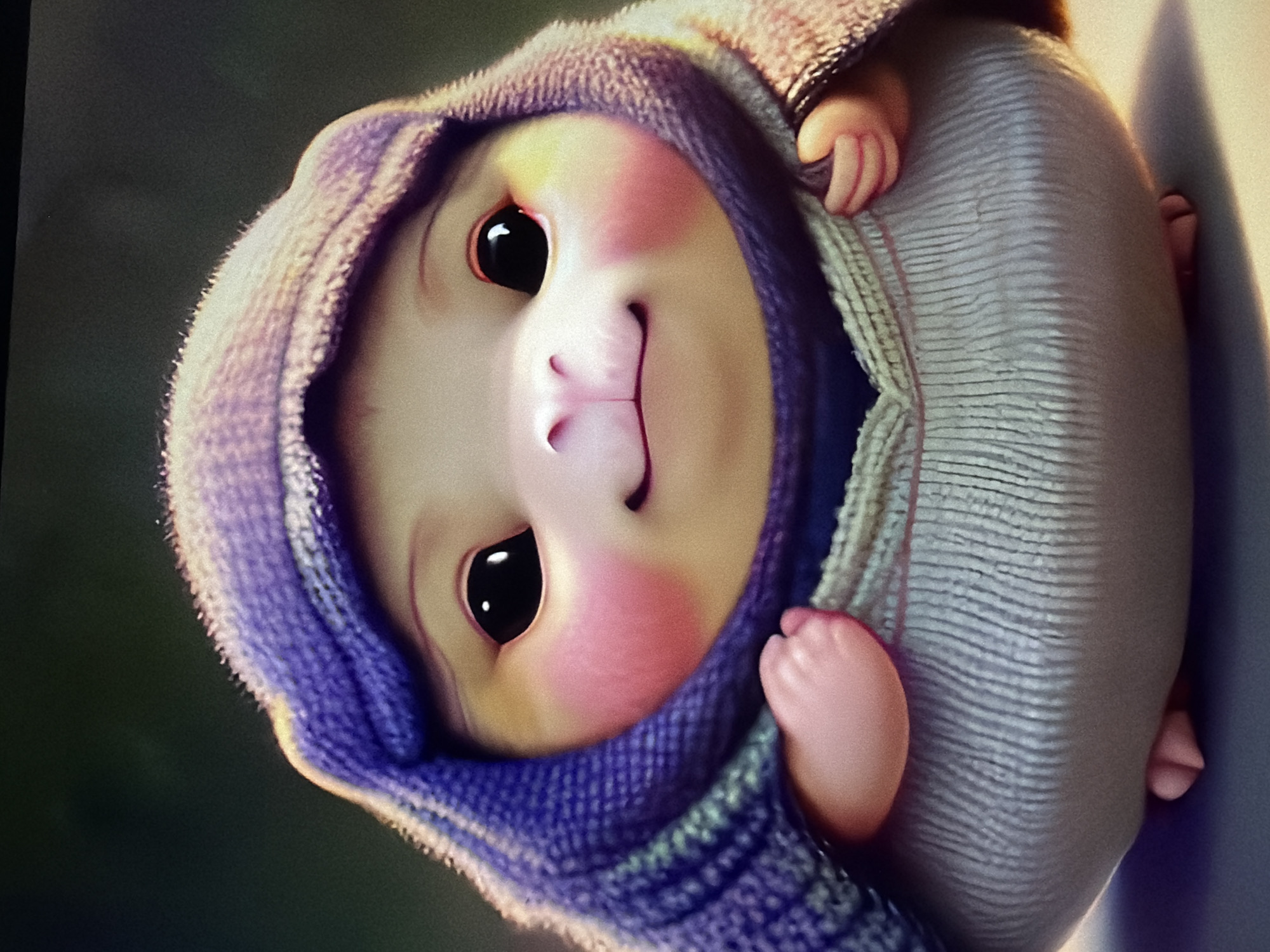 This is a close-up, digitally rendered image of a small, stylized, cartoon creature. The creature has large, dark eyes, rosy cheeks, a small pink nose, and a slight smile. It is wearing a purple knitted hood or scarf draped over its head and a cream-colored garment with vertical ribbed texture. The creature's tiny hands are visible, one on either side of its body, and two small pink feet are visible at the bottom. The background is a dark, out-of-focus green. There are no discernible landmarks or elements that would indicate a location in the city of Kyiv, Ukraine.