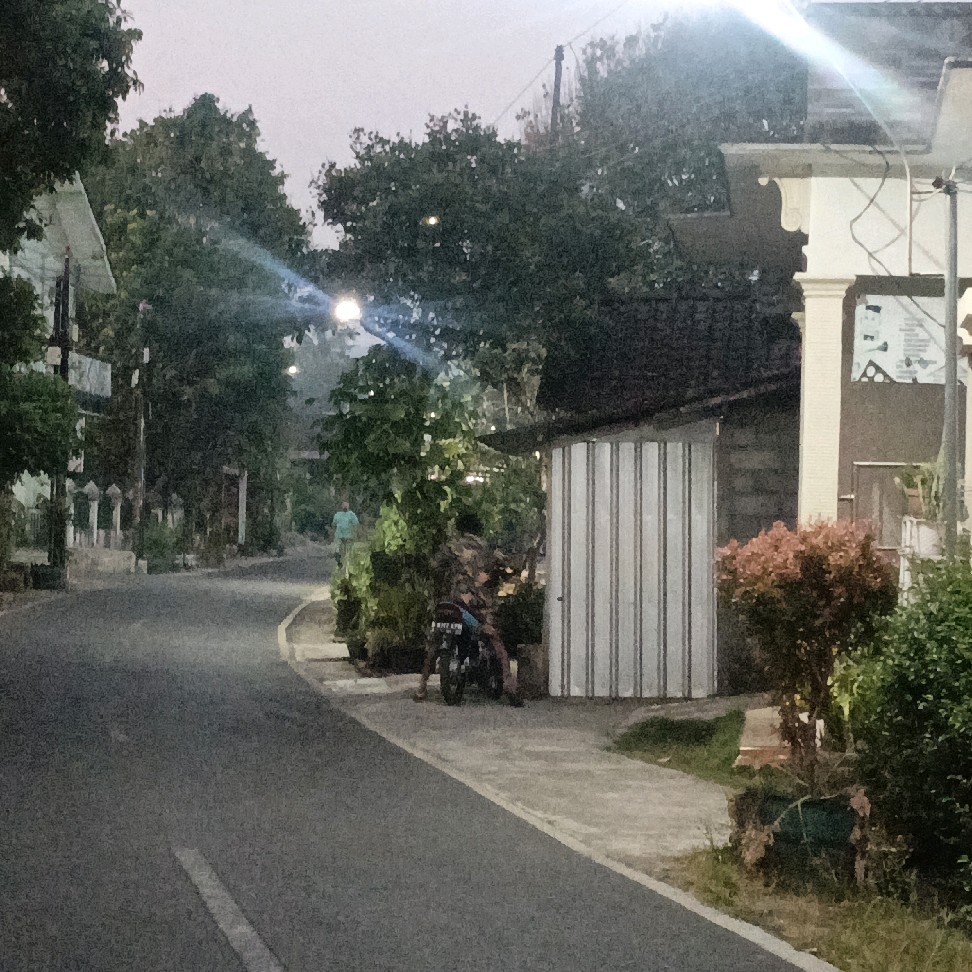 The image shows a street scene in Salatiga, Indonesia, likely in the early morning or late evening due to the soft lighting. A paved road curves to the right, with a white dashed line marking the lane. On the left side of the road, there are several buildings with white pillars and arched windows. Lush green trees and foliage line the left side of the street, some of which appear to be part of gardens or hedges. On the right side of the road, a gray corrugated metal structure is visible, with some red-leafed bushes in front of it. Beyond the metal structure, a building with white pillars and a light-colored facade is present, and a sign is affixed to the wall. A motorcycle with two people on it is parked on the sidewalk next to the corrugated metal structure. One person, wearing a blue shirt, is walking away from the motorcycle down the sidewalk on the left side of the image. The sky is overcast and appears to be a pale gray. Streetlights are visible in the distance, with one emitting a bright, diffused light that creates a lens flare effect.
