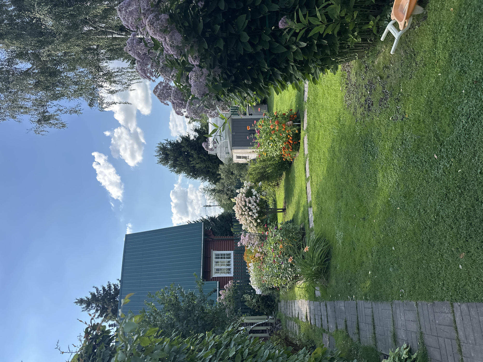 The image depicts a lush, well-maintained garden with a variety of flowering plants and a wooden house. A paved pathway leads through the garden, bordered by vibrant flowerbeds and manicured lawn. In the background, a green-roofed house with white-trimmed windows is visible, along with a small gray shed and a greenhouse. The scene is set under a bright blue sky with scattered white clouds. The location is identified as Спутник Снт (бисеровский 2-й Участок), Russia.
