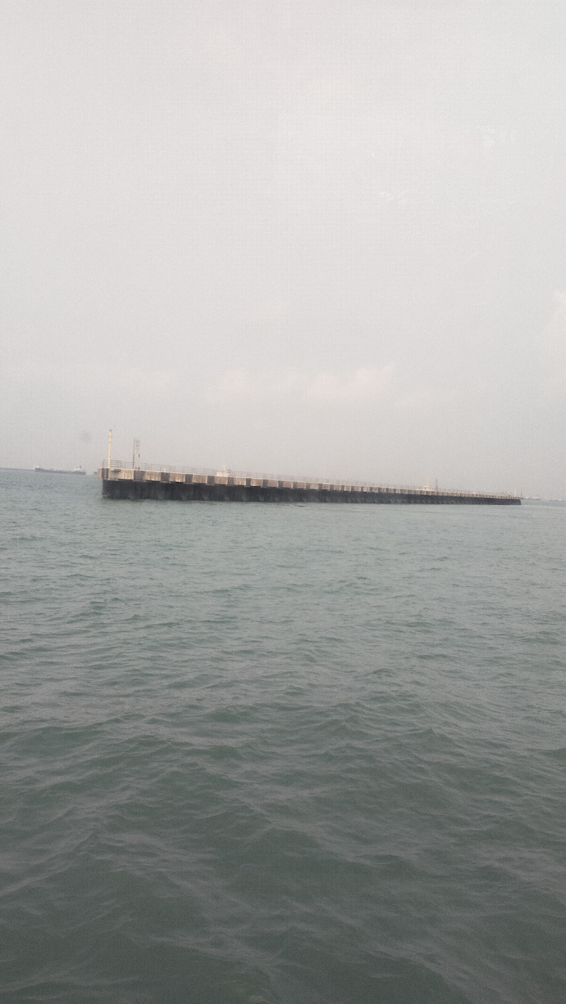 The image shows a long, low-lying structure extending into a body of water. The structure appears to be a pier or breakwater, made of dark material at the base and a lighter concrete-like material on top, with railings. There are a few lights or markers visible on the structure. The water is choppy and a muted gray-green color. The sky is overcast and a pale gray. In the distance, on the left side of the image, a large cargo ship is visible on the horizon. The scene suggests an industrial or port area. This appears to be the Changi Breakwater in Singapore.