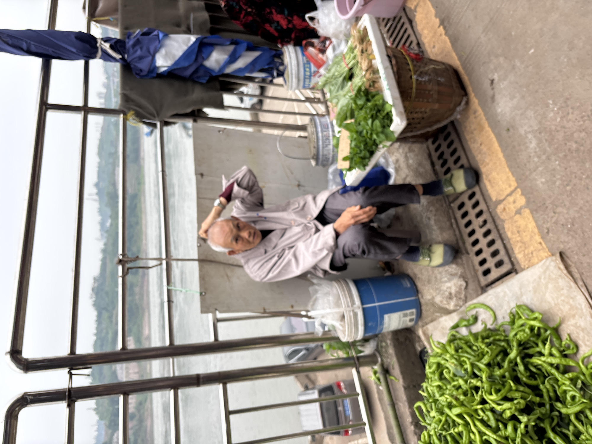 An elderly man is sitting on a street-level pedestrian walkway behind a metal railing, in the city of Jiangjin, China. He is wearing a light jacket, dark pants, and green and gray shoes. He has his right hand to his head and is looking forward.
He is sitting next to produce for sale, including green peppers, green leafy vegetables, and herbs displayed in a white plastic container. Other items include a woven basket, plastic buckets, and fabric of various colors. The railing separates the walkway from a river. A gray car is parked on a lower street level that is visible through the railings. The day appears overcast.
