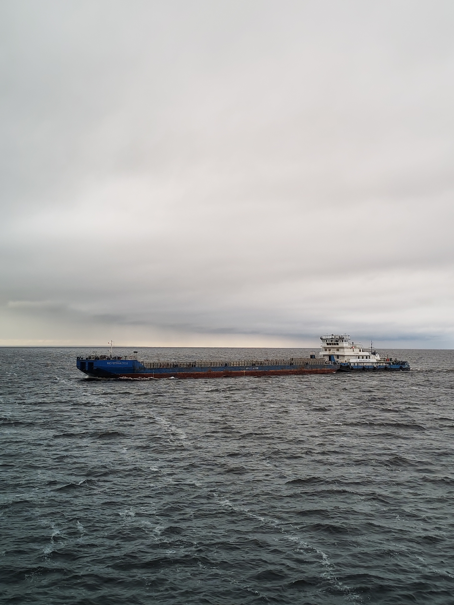 The image shows a long, flat-topped barge being pushed by a tugboat on a body of water, likely a river or lake. The sky is overcast and gray. The barge is blue with a reddish-brown hull, and it appears to be empty. The tugboat is white with blue trim and has a multi-level superstructure. The water is choppy with small waves. This is likely near Prislon', Russia, as identified.