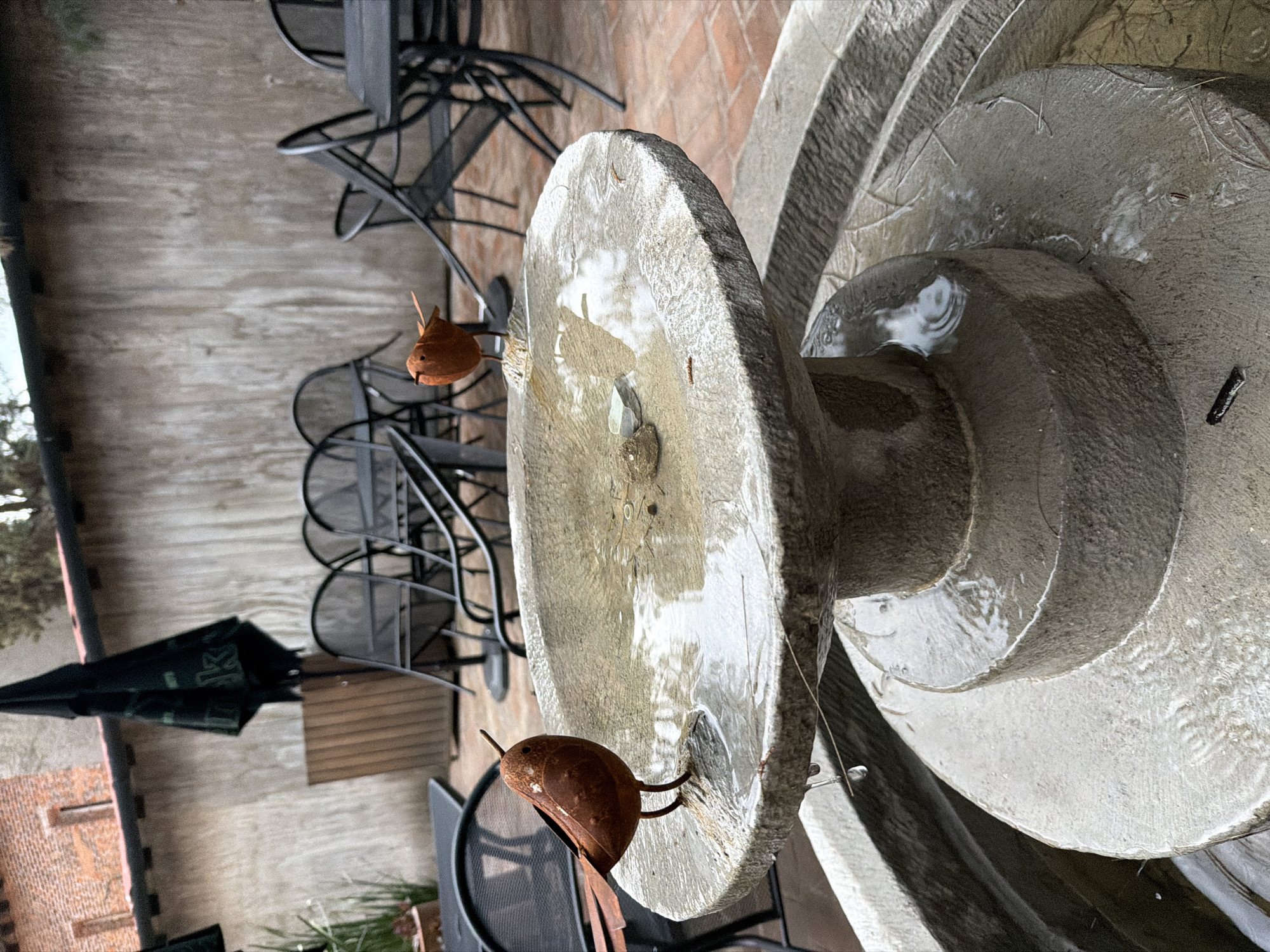 The image depicts a stone water fountain with two decorative metal birds attached to its rim. Water is flowing over the tiered structure of the fountain. In the background, there is an outdoor seating area with metal chairs and tables, covered by an umbrella. A wall is visible in the far background, suggesting an urban setting. The location is in Domingo Arenas, Mexico.