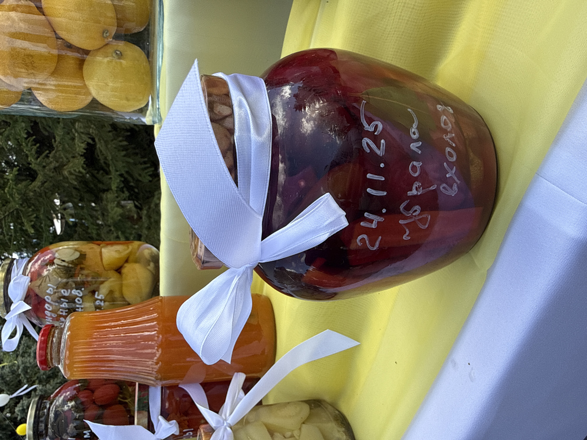 A high-angle shot depicts an outdoor market or display of home-canned goods in Гольяны, Russia. Jars are on display on a yellow and blue fabric. The jars are tied with a white ribbon. A clear glass jar filled with preserved lemons is on the left. Adjacent to it is a jar of pickled vegetables. An orange liquid-filled jar is stacked on top of a jar filled with red berries. The jar in the foreground has the writing "24.11.25" and "Сбрала вхолов". Green foliage is visible in the background.