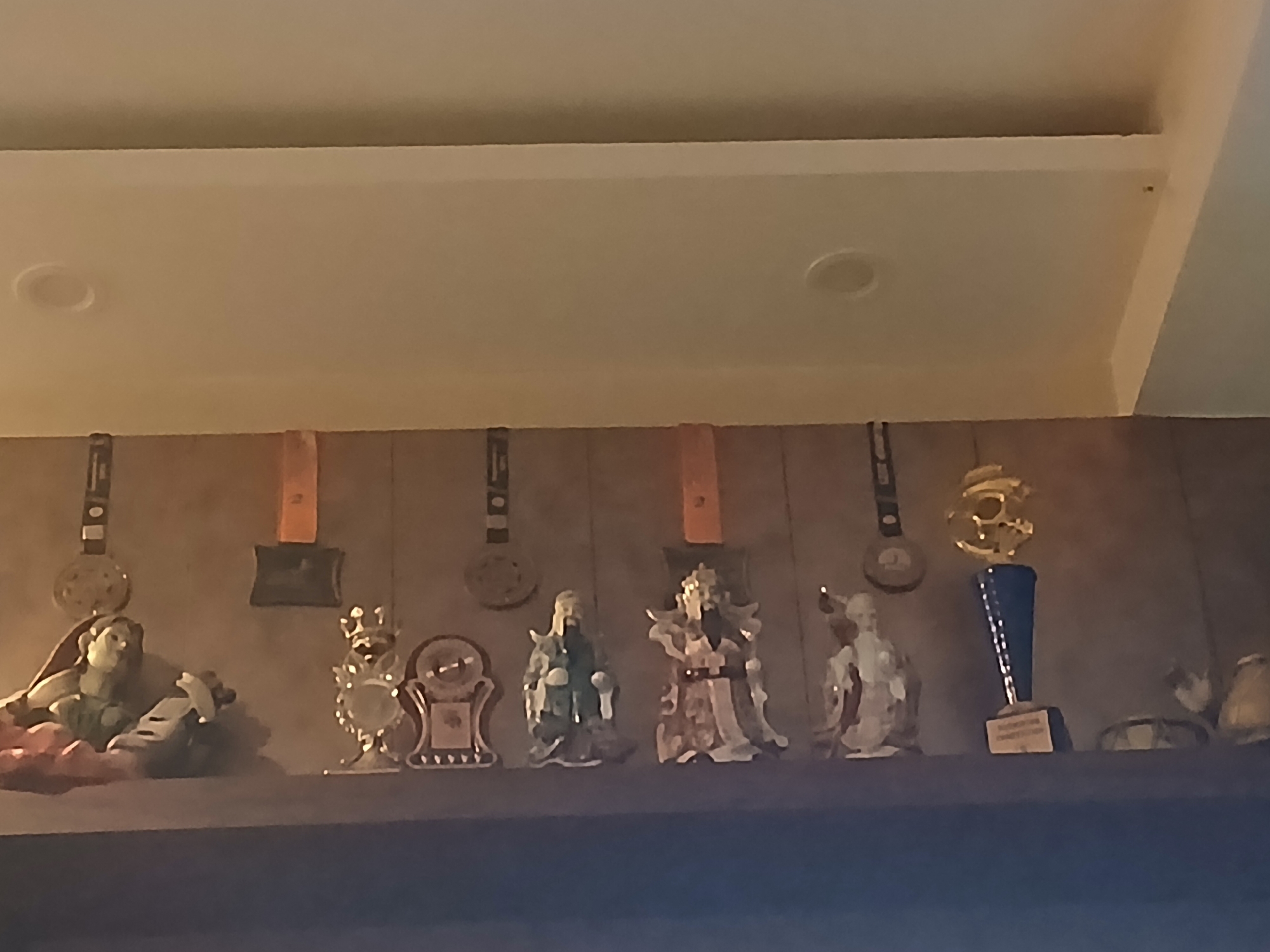 The image depicts a shelf lined with various objects, including figurines, a clock, and a sports trophy, positioned against a wall adorned with hanging medals and what appear to be award plaques. The lighting in the scene is dim and appears to be artificial. Given the artifacts displayed, it could be a display inside a residential home or a public space in Bengaluru, India.