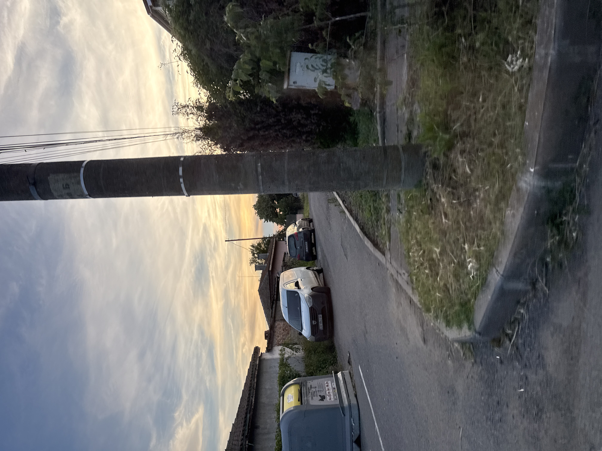 The image depicts a street scene in Marinka, Bulgaria, at what appears to be dusk. The sky is painted with the warm hues of sunset, with scattered clouds. A prominent, thick utility pole stands in the foreground, bearing what looks like a marker with the Cyrillic character "Б" and the number "6". Several power lines are strung between poles and disappear out of frame.
On the left side of the street, a large, grey refuse bin with a yellow lid, labeled "OMEGAS", is situated near a low-rise building with a tiled roof. Next to it, a white panel van, identified by its license plate "CO 1662 BP", is parked parallel to the road. Further down the street, a dark-colored car is also parked.
The road itself is paved and appears to be a residential street. A concrete curb lines the side of the road, with dry grass and some vegetation growing beyond it. On the right side of the image, dense greenery, including trees and bushes, forms a natural barrier. Behind the greenery, a light-colored, rectangular utility box is visible. The overall atmosphere is quiet and rural. There are no people visible in the image.