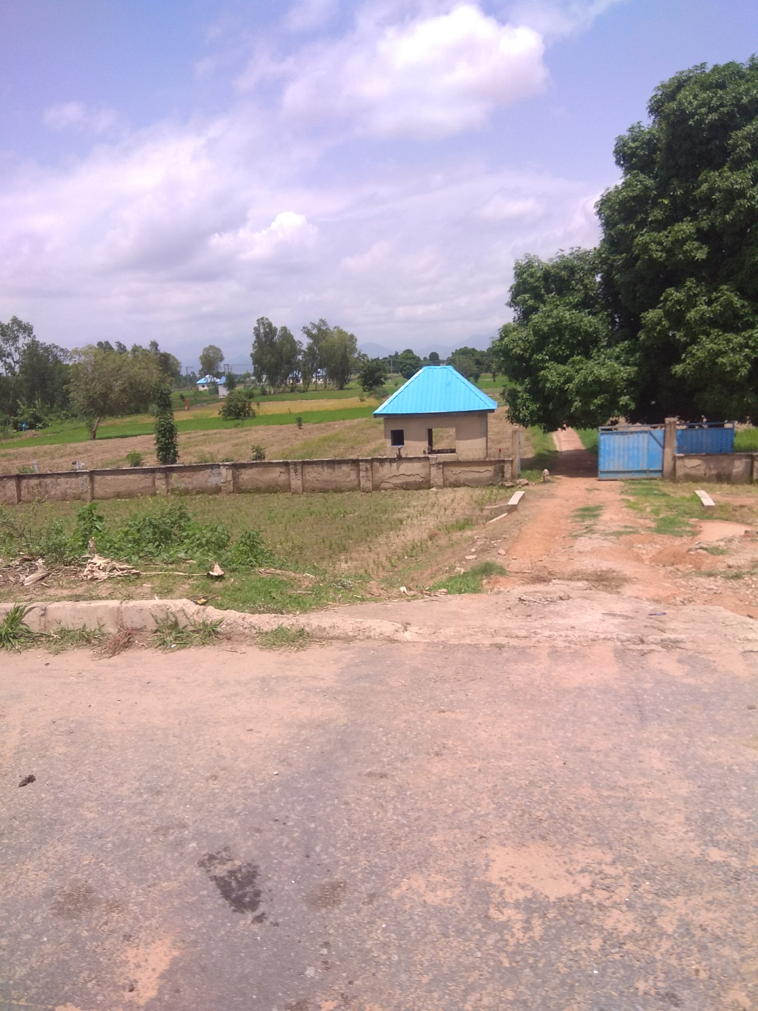The image shows a landscape in Jalingo, Nigeria, on a sunny day. The foreground features a paved road with some wear and tear. Beyond the road, there is a dirt pathway leading to an entrance with blue metal gates. To the left of the pathway is a small building with a bright blue roof. The building is surrounded by a low concrete wall. The area behind the building and wall appears to be a field with some dry vegetation. In the background, there are several trees, some of which are large and leafy, and distant hills under a sky with scattered white clouds. The scene depicts a rural or semi-rural setting.