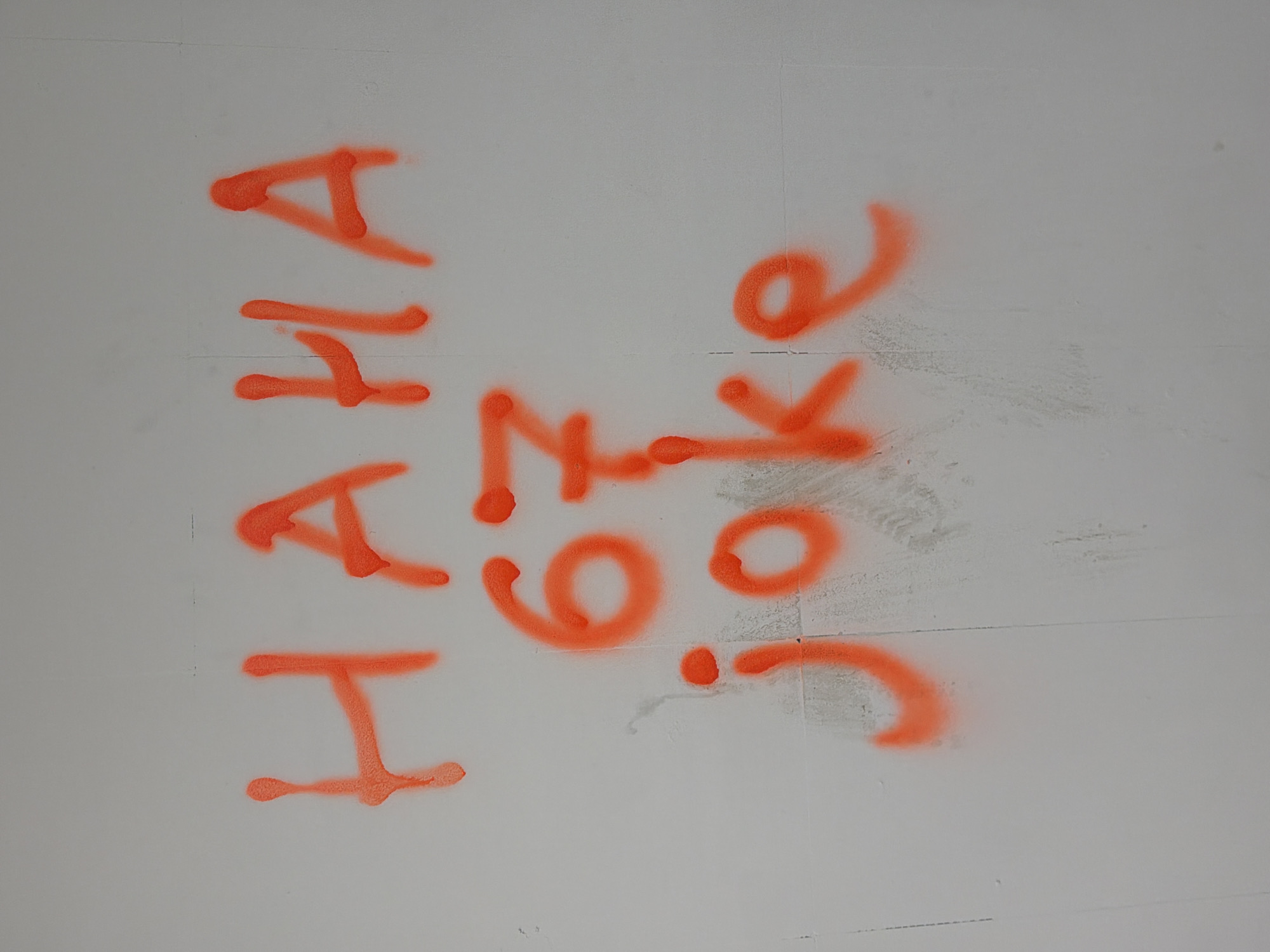 Orange spray-painted graffiti on a white wall reads "HAHA 6?6 Joke". The location is unknown.
